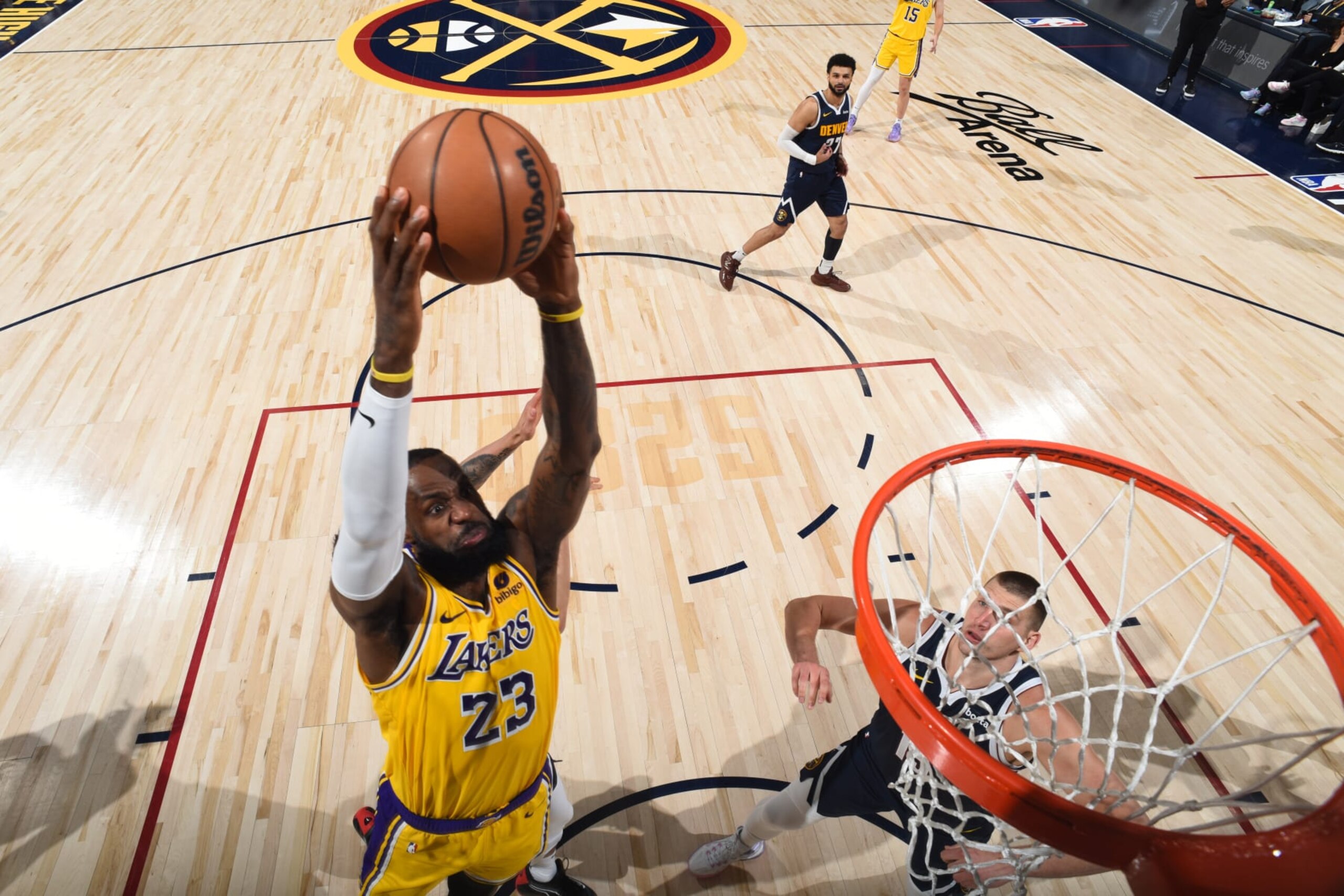 DENVER, CO - APRIL 29: LeBron James #23 of the Los Angeles Lakers dunks the ball during the game against the Denver Nuggets during Round 1 Game 5 of the 2024 NBA Playoffs on April 29, 2024 at the Ball Arena in Denver, Colorado. NOTE TO USER: User expressly acknowledges and agrees that, by downloading and/or using this Photograph, user is consenting to the terms and conditions of the Getty Images License Agreement. Mandatory Copyright Notice: Copyright 2024 NBAE (Photo by Garrett Ellwood/NBAE via Getty Images)