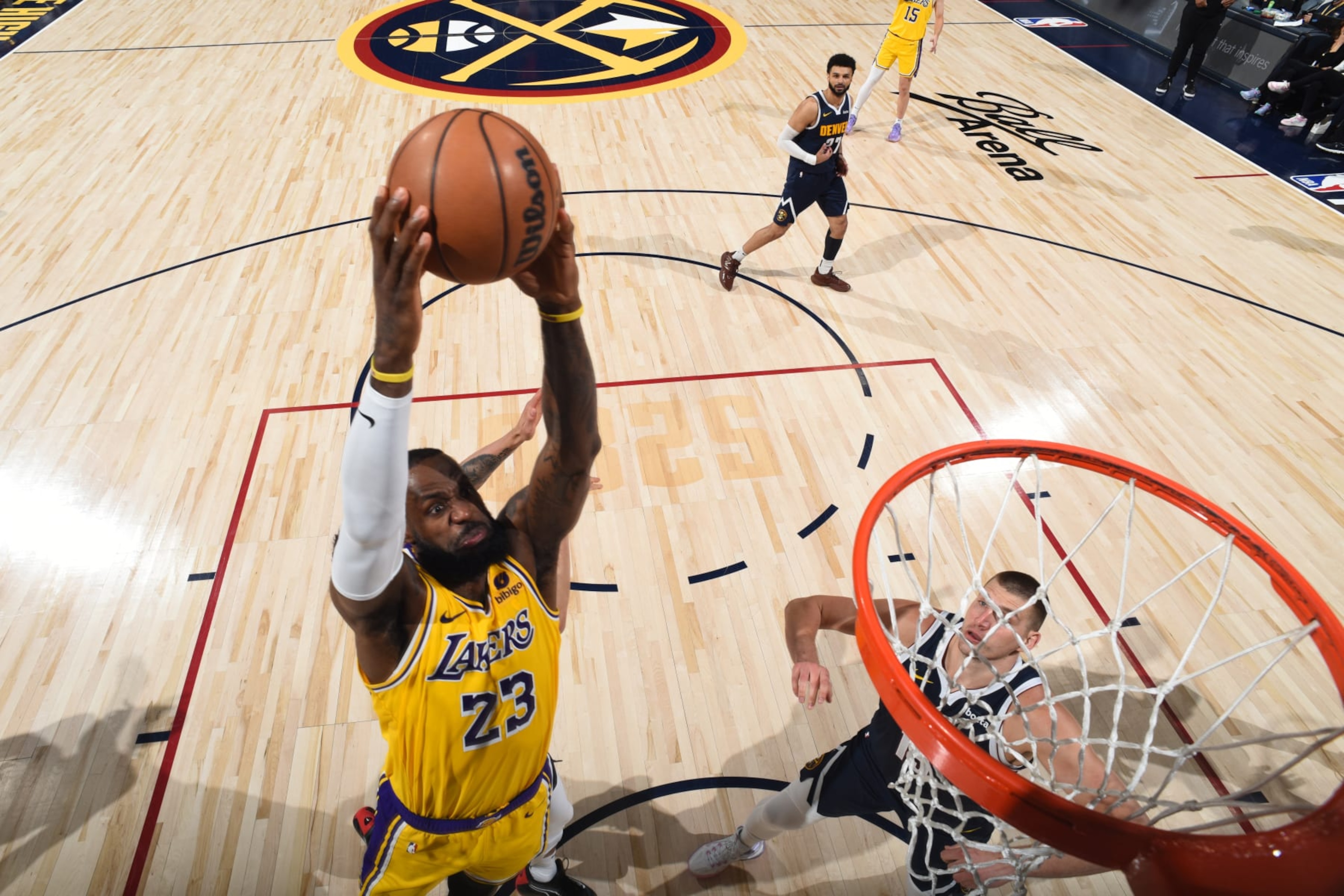 DENVER, CO - APRIL 29: LeBron James #23 of the Los Angeles Lakers dunks the ball during the game against the Denver Nuggets during Round 1 Game 5 of the 2024 NBA Playoffs on April 29, 2024 at the Ball Arena in Denver, Colorado. NOTE TO USER: User expressly acknowledges and agrees that, by downloading and/or using this Photograph, user is consenting to the terms and conditions of the Getty Images License Agreement. Mandatory Copyright Notice: Copyright 2024 NBAE (Photo by Garrett Ellwood/NBAE via Getty Images)