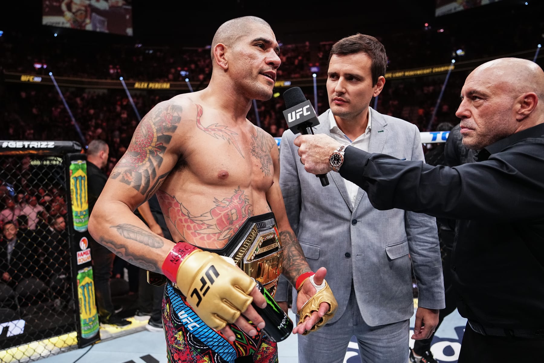 Alex Pereira talks to Joe Rogan after a knockout win over Jiri Prochazka