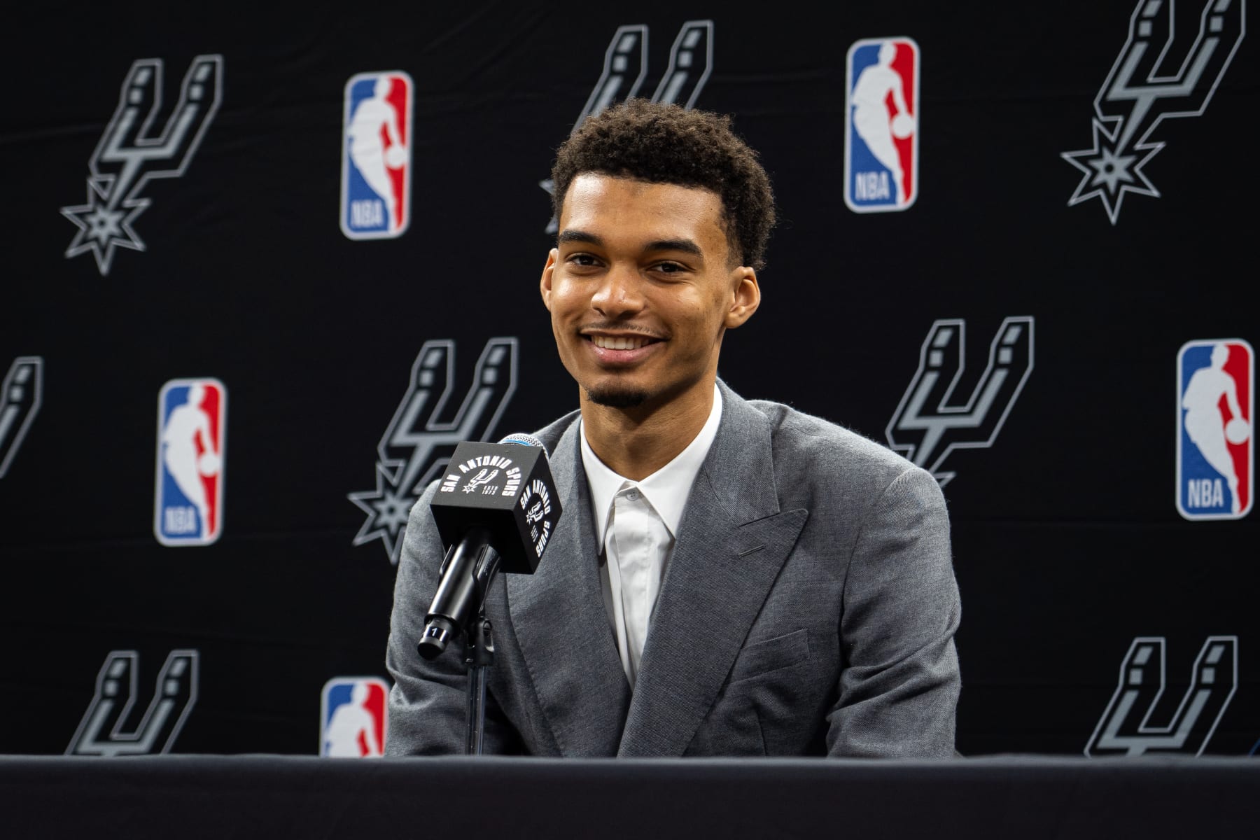 SAN ANTONIO, TX - JUNE 24: Victor Wembanyama addresses the media on June 24, 2023 at AT&T Center in San Antonio, Texas. NOTE TO USER: User expressly acknowledges and agrees that, by downloading and or using this photograph, user is consenting to the terms and conditions of the Getty Images License Agreement. Mandatory Copyright Notice: Copyright 2023 NBAE (Photos by Caitlin Smith/NBAE via Getty Images)