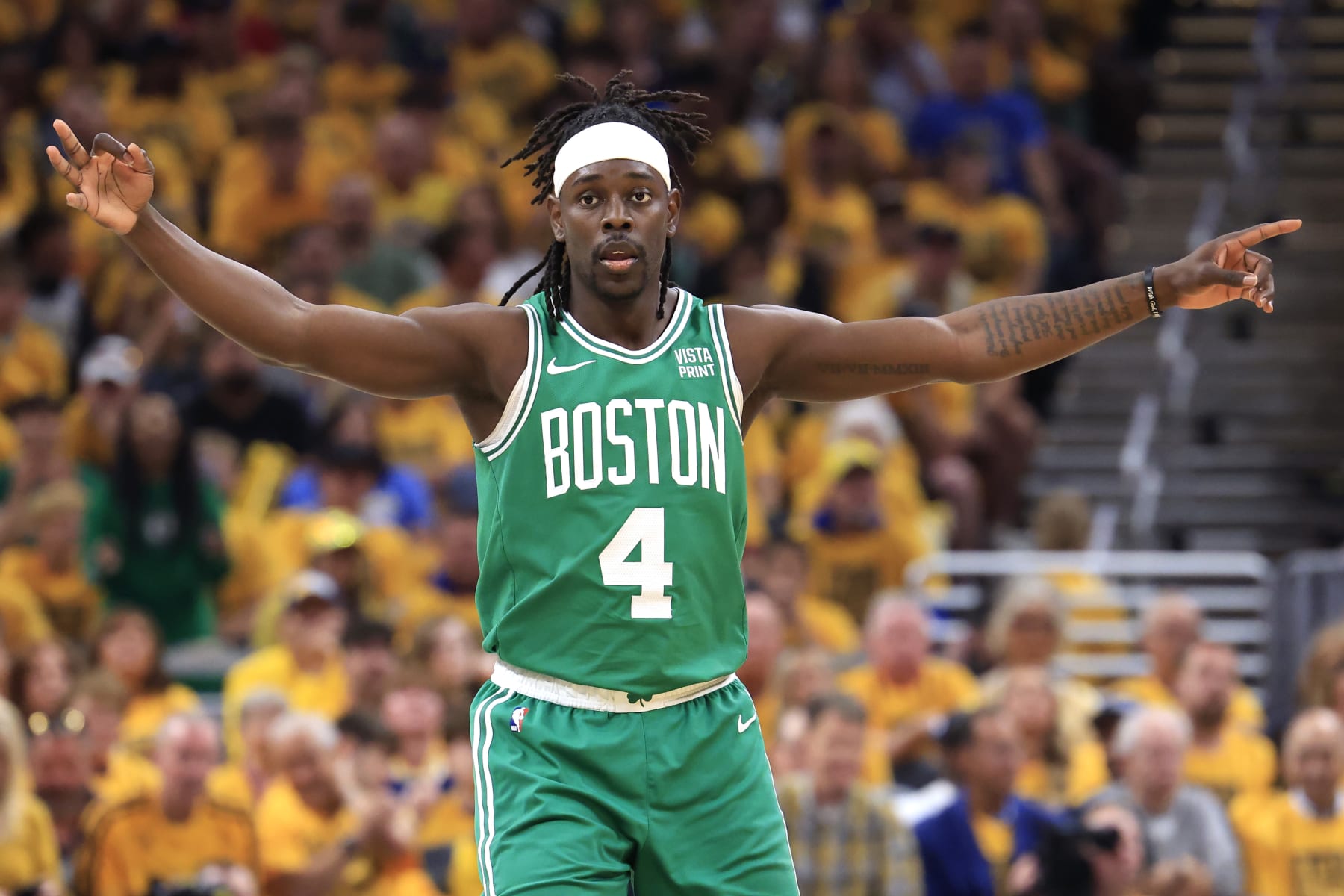 INDIANAPOLIS, INDIANA - MAY 27: Jrue Holiday #4 of the Boston Celtics reacts during the first quarter in Game Four of the Eastern Conference Finals at Gainbridge Fieldhouse on May 27, 2024 in Indianapolis, Indiana. NOTE TO USER: User expressly acknowledges and agrees that, by downloading and or using this photograph, User is consenting to the terms and conditions of the Getty Images License Agreement. (Photo by Justin Casterline/Getty Images)