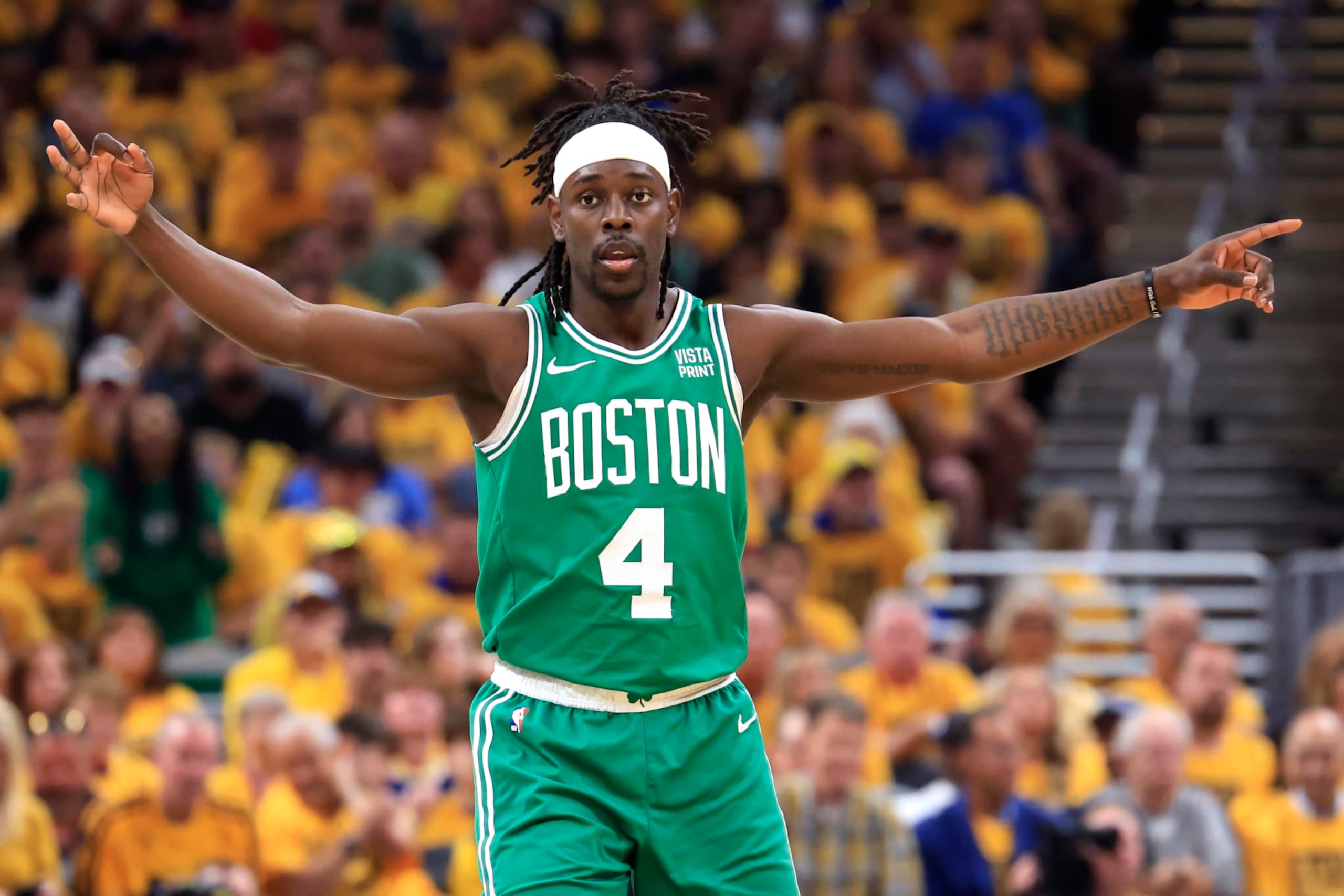 INDIANAPOLIS, INDIANA - MAY 27: Jrue Holiday #4 of the Boston Celtics reacts during the first quarter in Game Four of the Eastern Conference Finals at Gainbridge Fieldhouse on May 27, 2024 in Indianapolis, Indiana. NOTE TO USER: User expressly acknowledges and agrees that, by downloading and or using this photograph, User is consenting to the terms and conditions of the Getty Images License Agreement. (Photo by Justin Casterline/Getty Images)
