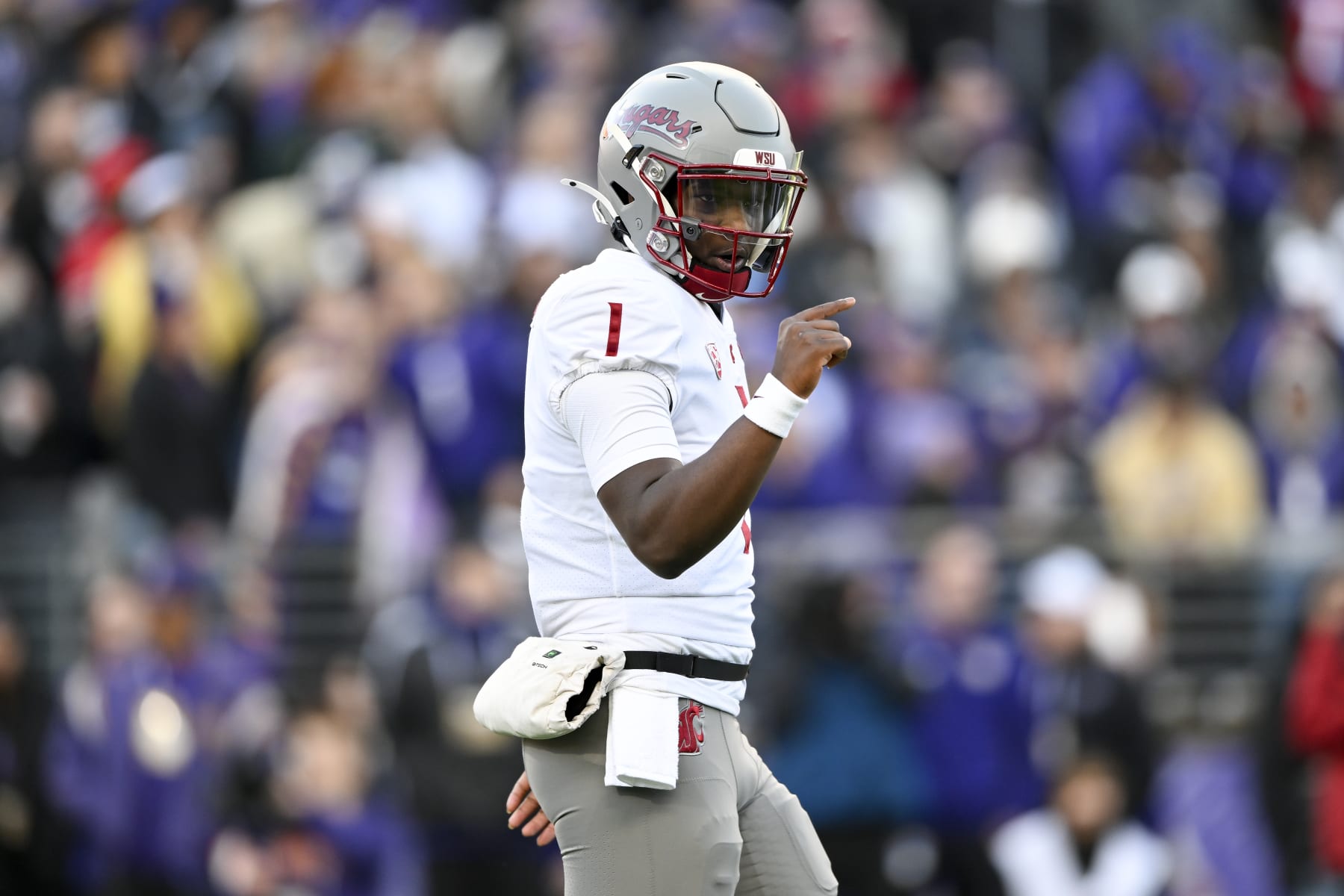 SEATTLE, WASHINGTON - NOVEMBER 25: Cameron Ward #1 of the Washington State Cougars gestures during the first quarter against the Washington Huskies at Husky Stadium on November 25, 2023 in Seattle, Washington. (Photo by Alika Jenner/Getty Images)
