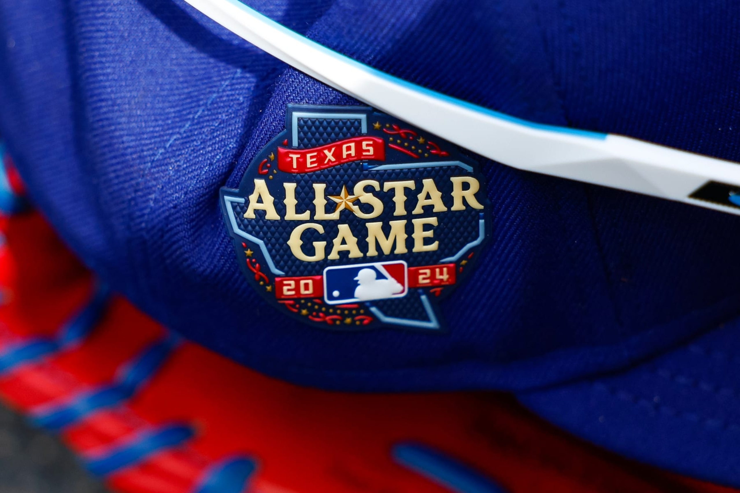 DETROIT, MICHIGAN - APRIL 17: Detail view of a 2024 All Star Game logo on a hat during a game between the Texas Rangers and the Detroit Tigers at Comerica Park on April 17, 2024 in Detroit, Michigan. (Photo by Brandon Sloter/Image Of Sport/Getty Images)