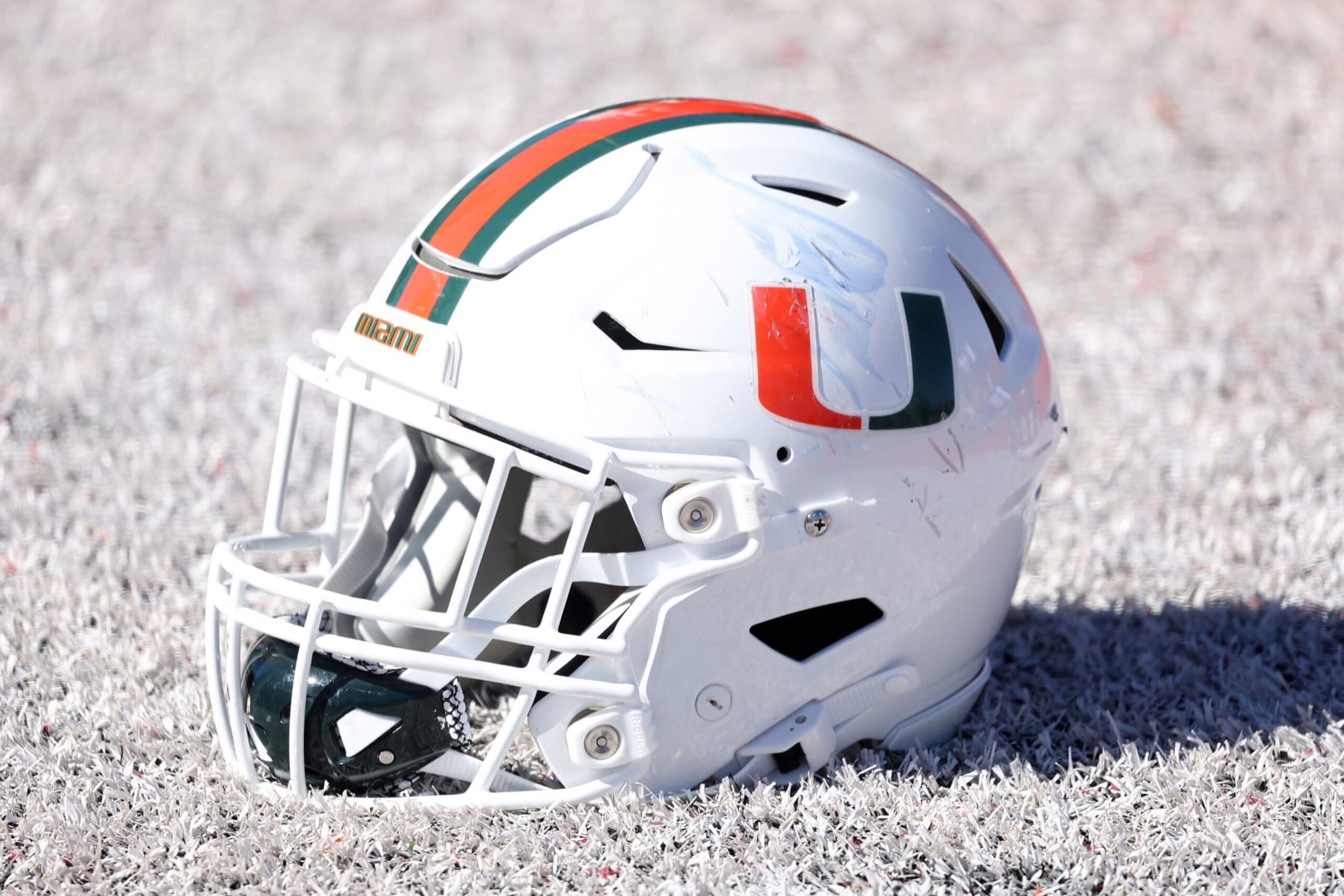 MOBILE, AL - JANUARY 31: A general view of a Miami Hurricanes helmet during the American Team practice for the Reese's Senior Bowl on January 31, 2024 at Hancock Whitney Stadium in Mobile, Alabama.  (Photo by Michael Wade/Icon Sportswire via Getty Images)