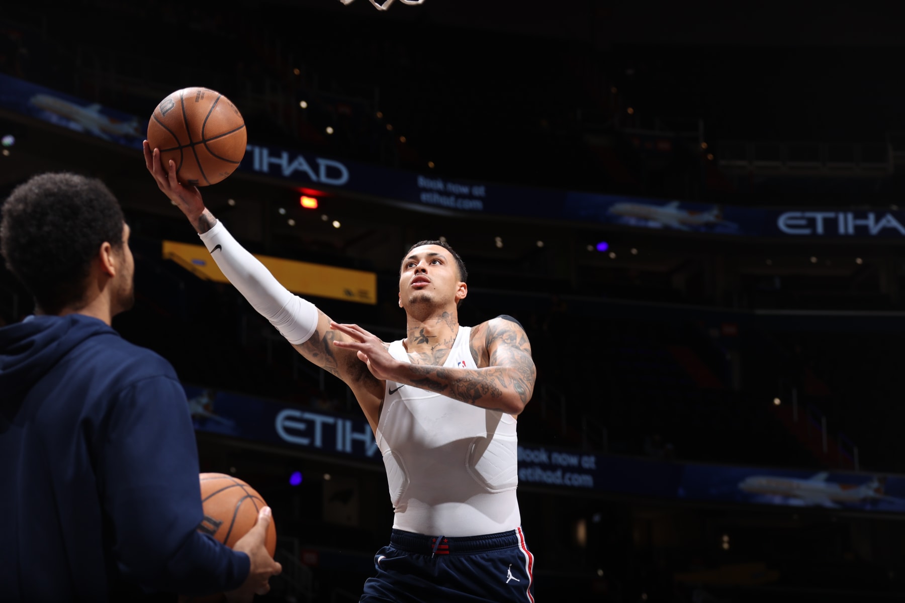 WASHINGTON, DC -  APRIL 3: Kyle Kuzma #33 of the Washington Wizards warms up before the game against the Los Angeles Lakers on April 3, 2024 at Capital One Arena in Washington, DC. NOTE TO USER: User expressly acknowledges and agrees that, by downloading and or using this Photograph, user is consenting to the terms and conditions of the Getty Images License Agreement. Mandatory Copyright Notice: Copyright 2024 NBAE (Photo by Stephen Gosling/NBAE via Getty Images)