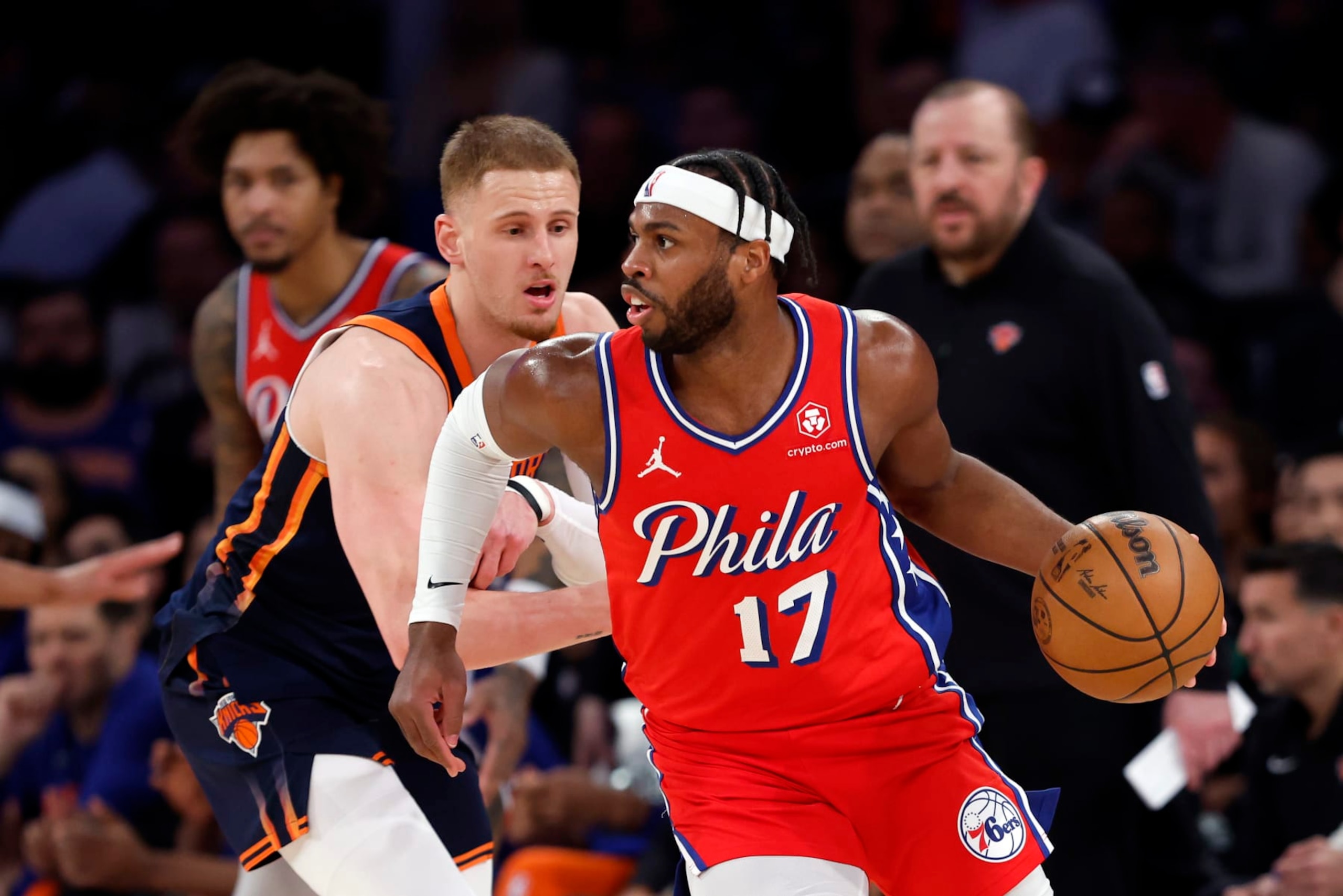 NEW YORK, NEW YORK - APRIL 22: Buddy Hield #17 of the Philadelphia 76ers dribbles during the game against the New York Knicks in Game Two of the Eastern Conference First Round Playoffs at Madison Square Garden on April 22, 2024 in New York City. The Knicks won 104-101. NOTE TO USER: User expressly acknowledges and agrees that, by downloading and or using this photograph, User is consenting to the terms and conditions of the Getty Images License Agreement. (Photo by Sarah Stier/Getty Images)