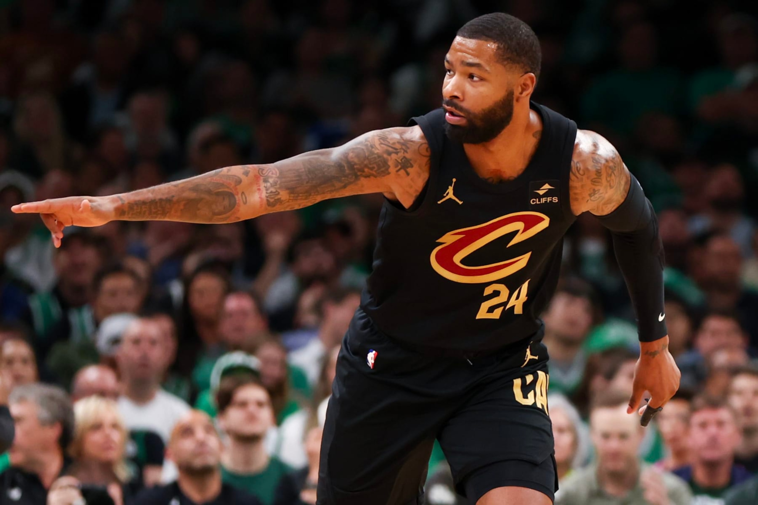 BOSTON, MASSACHUSETTS - MAY 07: Marcus Morris Sr. #24 of the Cleveland Cavaliers reacts during the first quarter in Game One of the Eastern Conference Second Round Playoffs against the Boston Celtics at TD Garden on May 07, 2024 in Boston, Massachusetts. NOTE TO USER: User expressly acknowledges and agrees that, by downloading and or using this photograph, User is consenting to the terms and conditions of the Getty Images License Agreement. (Photo by Maddie Meyer/Getty Images)