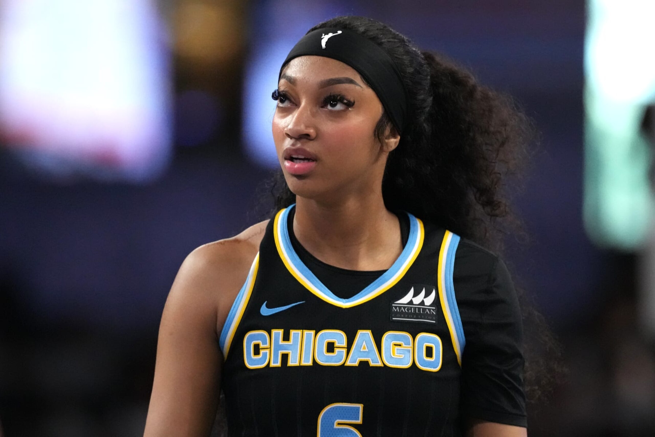 ATLANTA, GA - JULY 2: Angel Reese #5 of the Chicago Sky looks on during the game against the Atlanta Dream on July 2, 2024 at Gateway Center Arena at College Park in Atlanta, Georgia. NOTE TO USER: User expressly acknowledges and agrees that, by downloading and or using this photograph, User is consenting to the terms and conditions of the Getty Images License Agreement. Mandatory Copyright Notice: Copyright 2024 NBAE (Photo by Dale Zanine/NBAE via Getty Images)