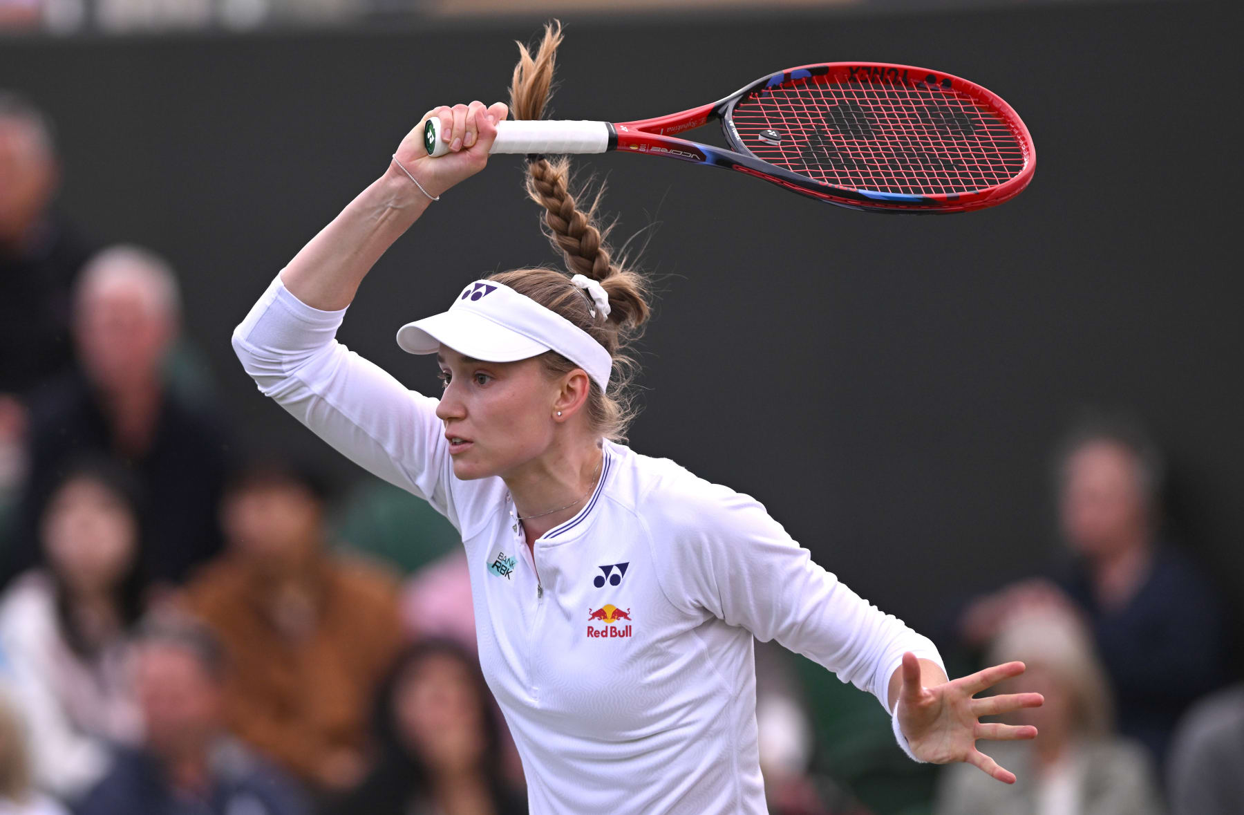LONDON, ENGLAND - JULY 04: Elena Rybakina of Kazakhstan plays a forehand against Laura Siegemund of Germany in her Ladies' Singles second round match during day four of The Championships Wimbledon 2024 at All England Lawn Tennis and Croquet Club on July 04, 2024 in London, England. (Photo by Mike Hewitt/Getty Images)
