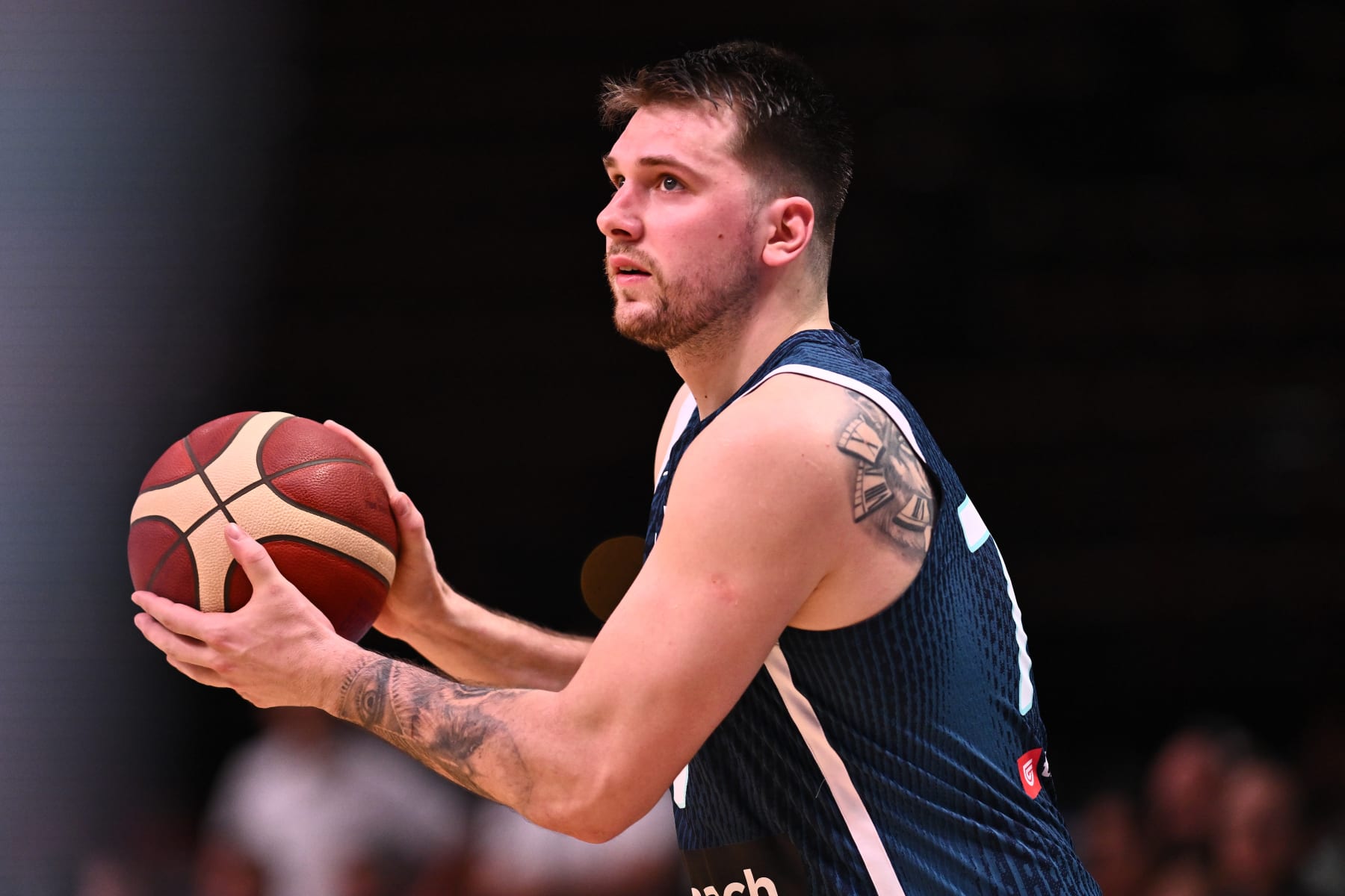 PIRAEUS, GREECE - JULY 4: Luka Doncic of Slovenia during the FIBA Men's Olympic Qualifying Tournament match between New Zealand and Slovenia on July 4, 2024 in Piraeus, Greece. (Photo by Sebastian Frej/MB Media/Getty Images)