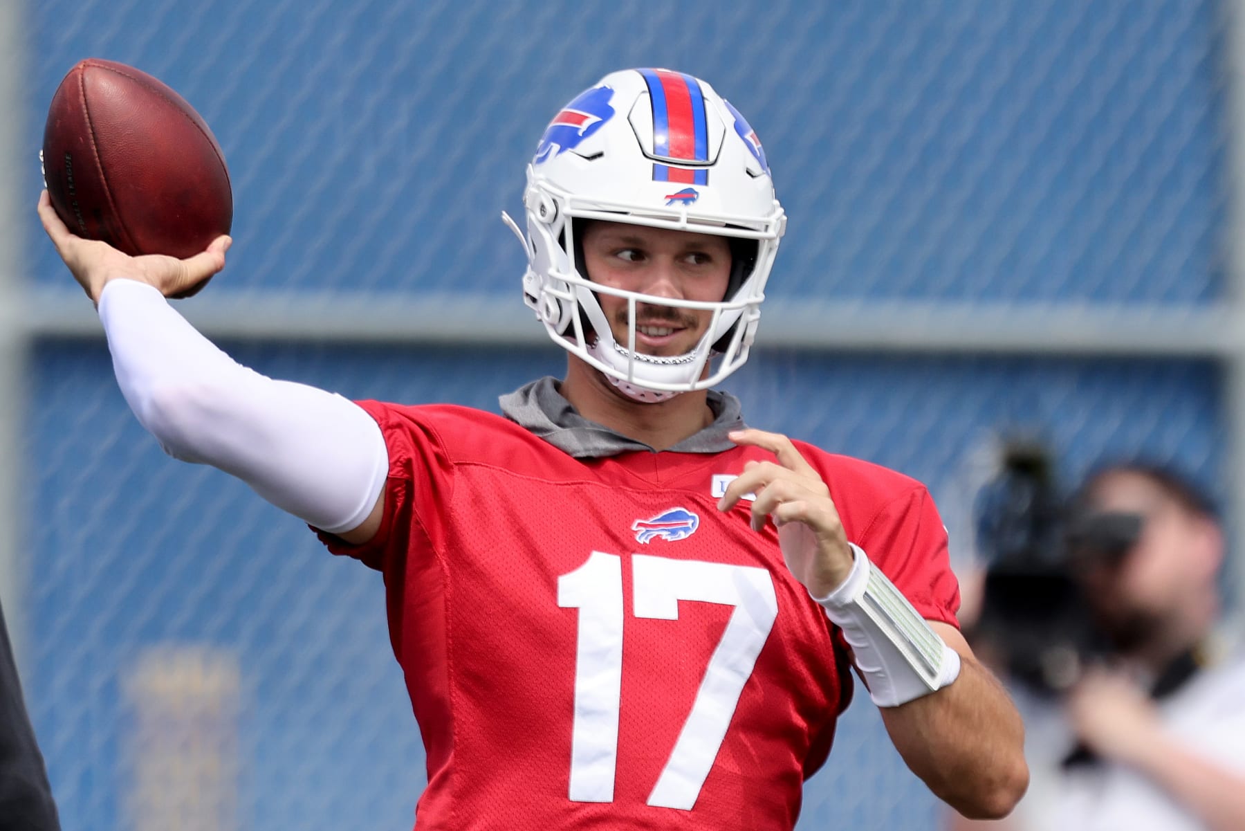 ORCHARD PARK, NEW YORK - JUNE 13: Josh Allen #17 of the Buffalo Bills participates during Buffalo Bills mandatory mini camp on June 13, 2024 in Orchard Park, New York. (Photo by Bryan Bennett/Getty Images)