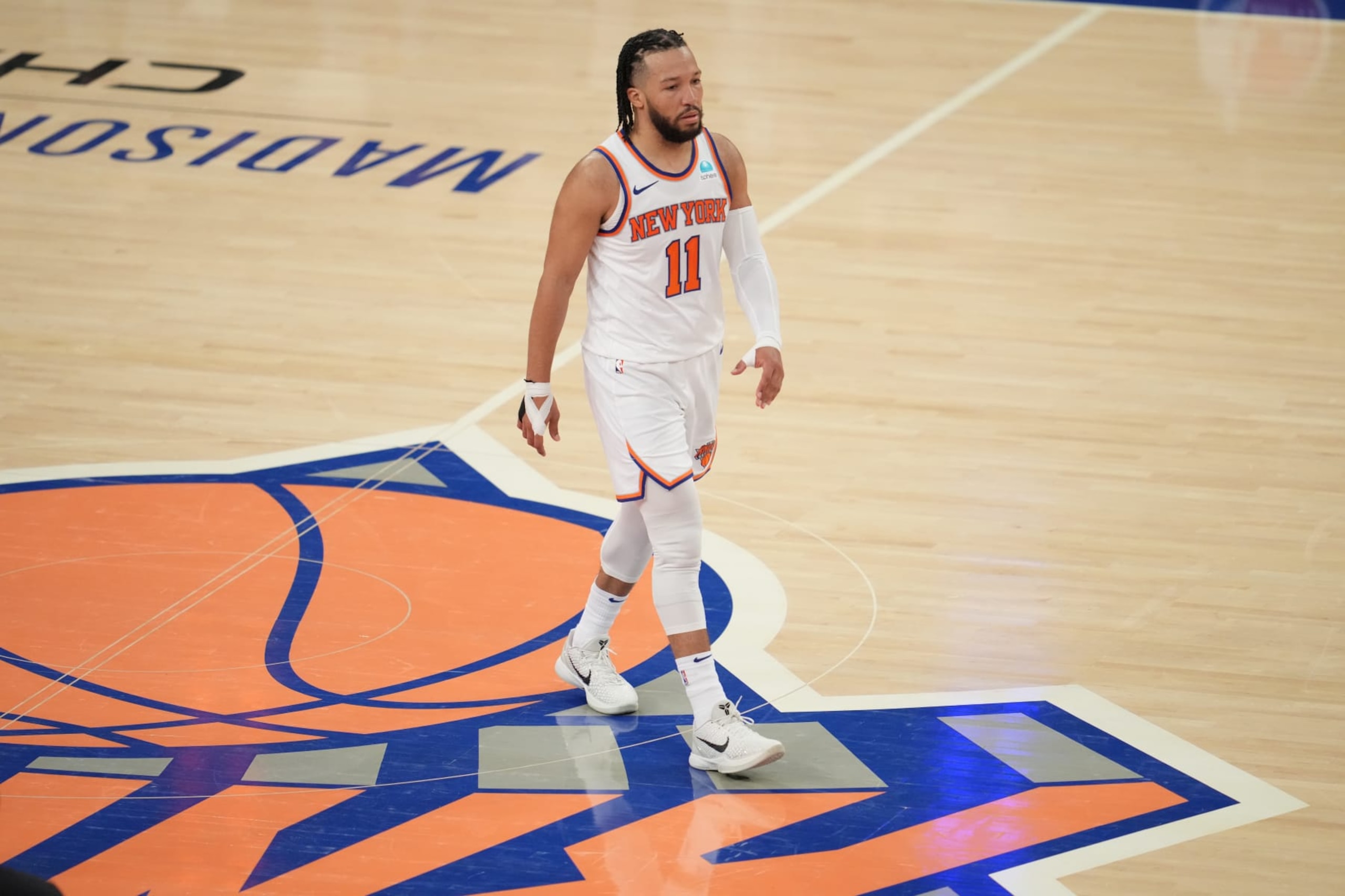 NEW YORK, NY - MAY 19: Jalen Brunson #11 of the New York Knicks looks on during the game against the Indiana Pacers during Round 2 Game 7 of the 2024 NBA Playoffs on May 19, 2024 at Madison Square Garden in New York City, New York.  NOTE TO USER: User expressly acknowledges and agrees that, by downloading and or using this photograph, User is consenting to the terms and conditions of the Getty Images License Agreement. Mandatory Copyright Notice: Copyright 2024 NBAE  (Photo by Jesse D. Garrabrant/NBAE via Getty Images)