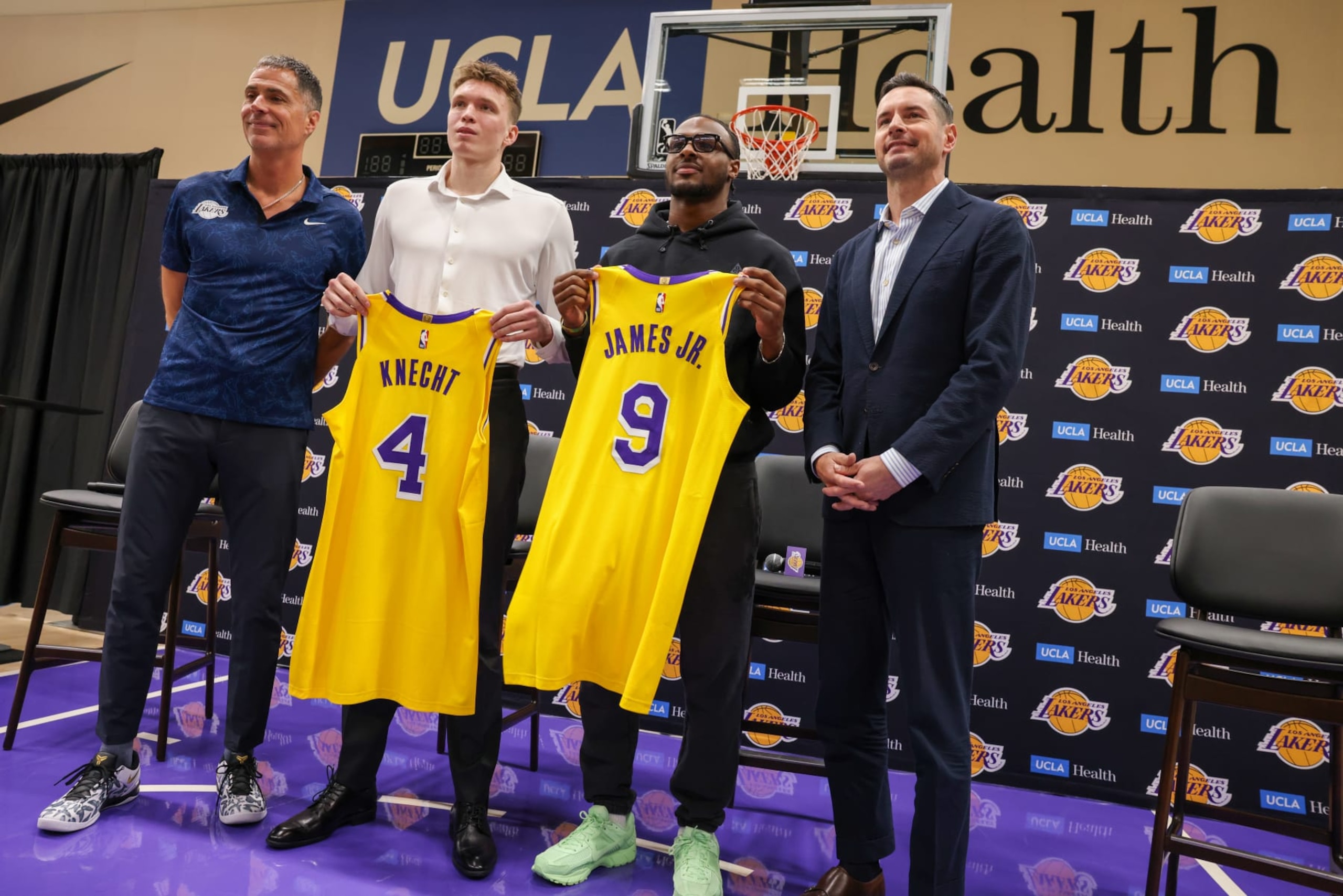 Rob Pelinka, Dalton Knecht, Bronny James and JJ Redick