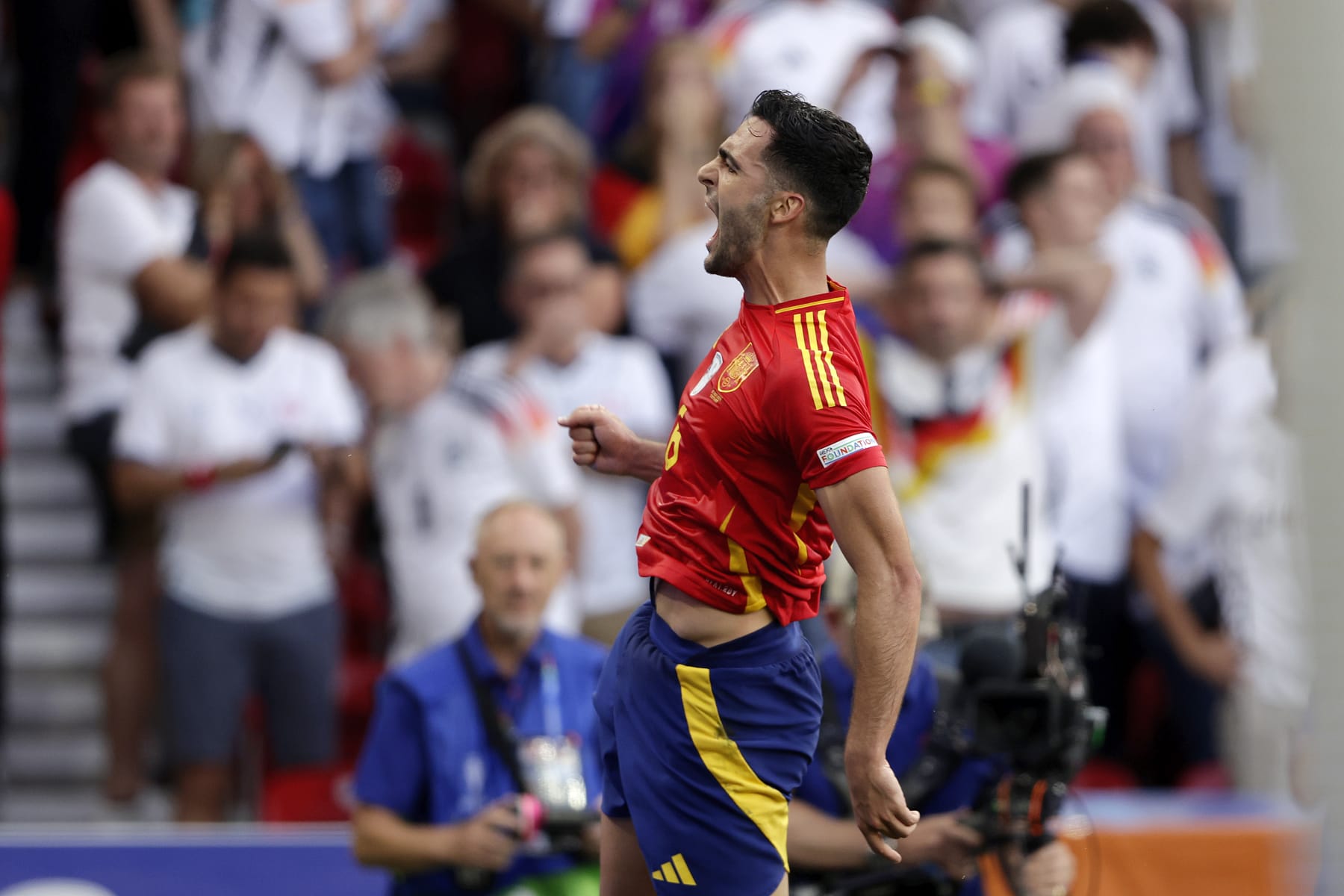 STUTTGART, GERMANY - JULY 5: Mikel Merino of Spain celebrates 2-1 during the EURO match between Spain v Germany at the Mercedes Benz Arena on July 5, 2024 in Stuttgart Germany (Photo by Rico Brouwer/Soccrates/Getty Images)