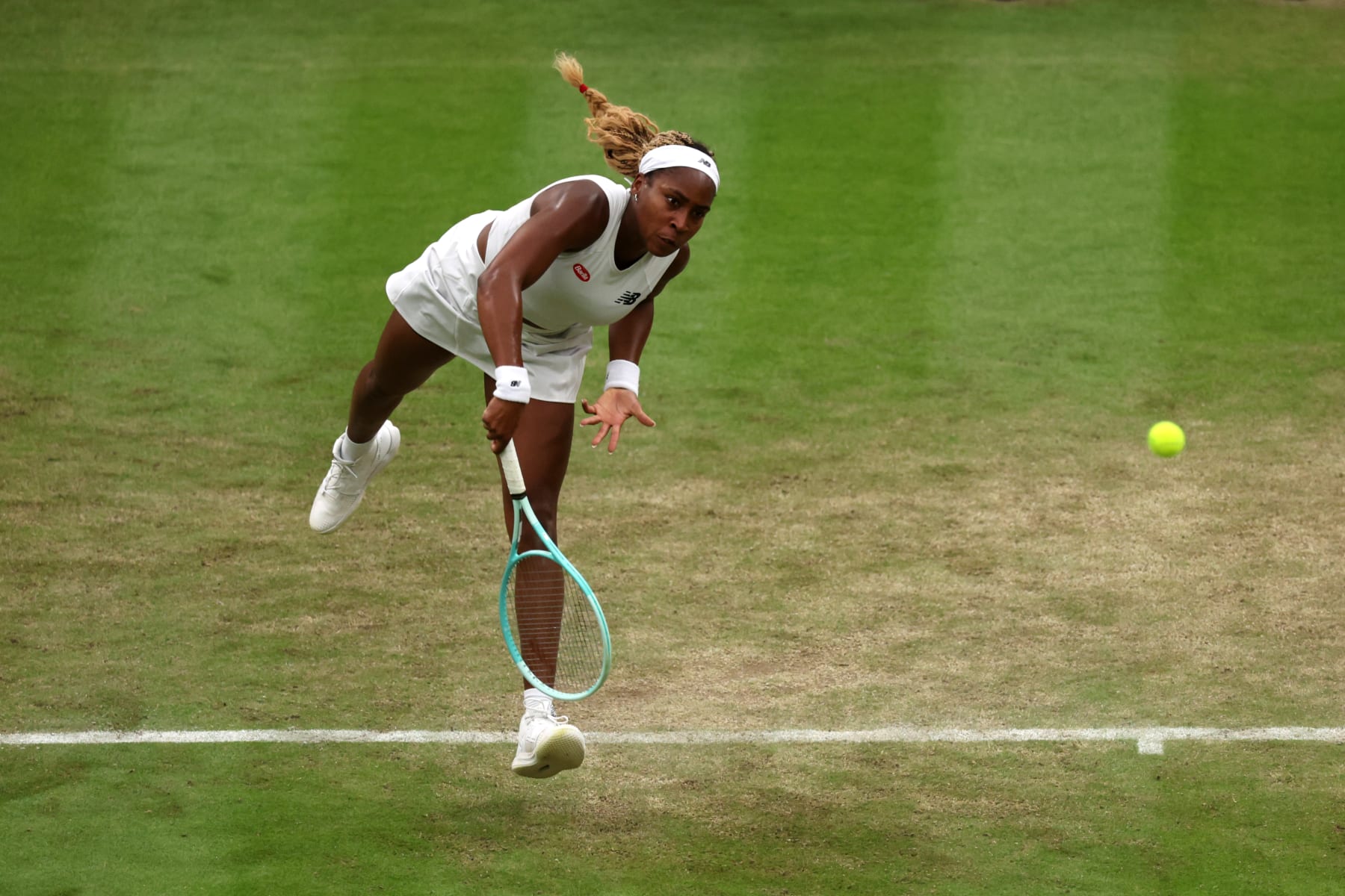 LONDON, ENGLAND - JULY 05: Coco Gauff of United States serves to Sonay Kartal of Great Britain in her Ladies' Singles third round match during day five of The Championships Wimbledon 2024 at All England Lawn Tennis and Croquet Club on July 05, 2024 in London, England. (Photo by Clive Brunskill/Getty Images)