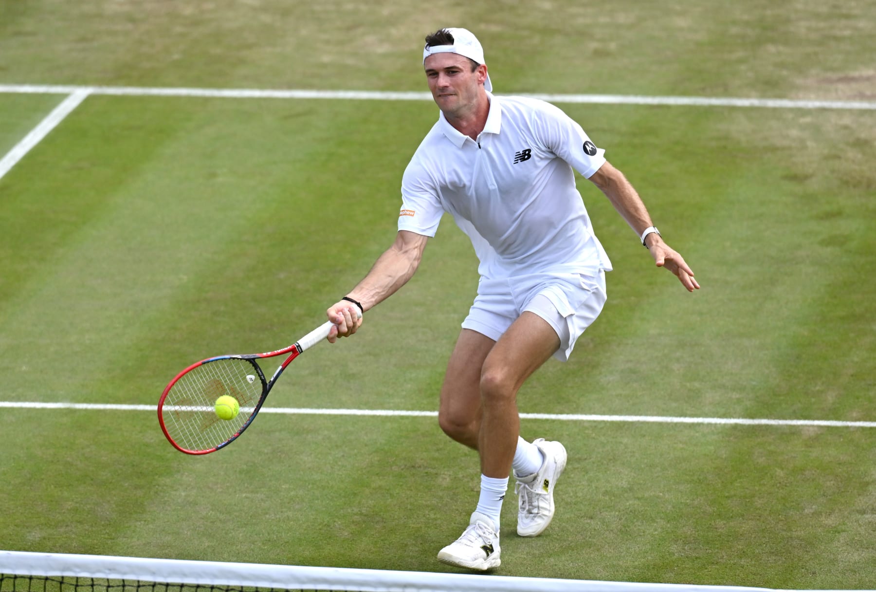 LONDON, ENGLAND - JULY 05: Tommy Paul of United States plays a forehand against Alexander Bublik of Kazakhstan in Gentlemen's Singles third round match during day five of The Championships Wimbledon 2024 at All England Lawn Tennis and Croquet Club on July 05, 2024 in London, England. (Photo by Mike Hewitt/Getty Images)
