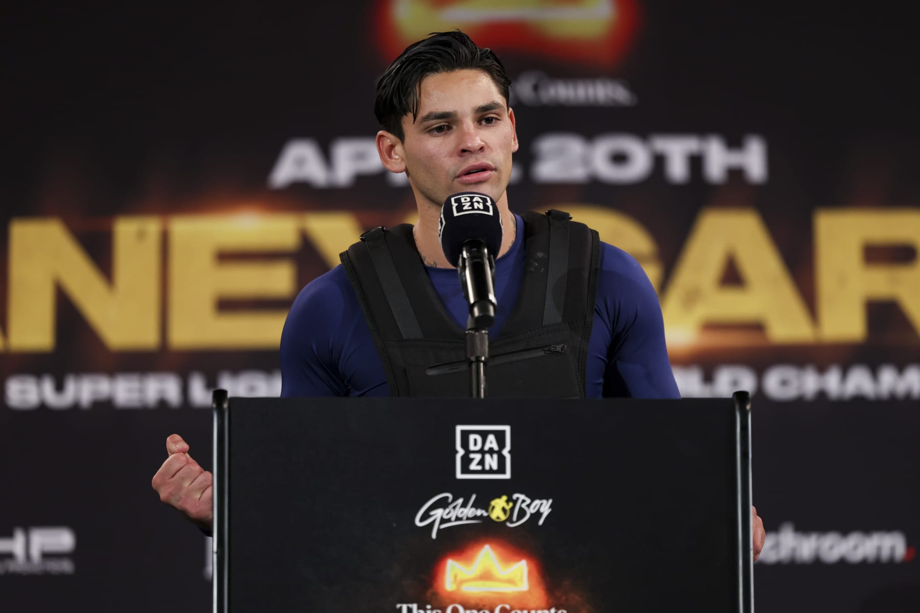 NEW YORK, NEW YORK - APRIL 18: Ryan Garcia speaks during a press conference at Barclays Center on April 18, 2024 in New York City. (Photo by Cris Esqueda/Golden Boy/Getty Images)