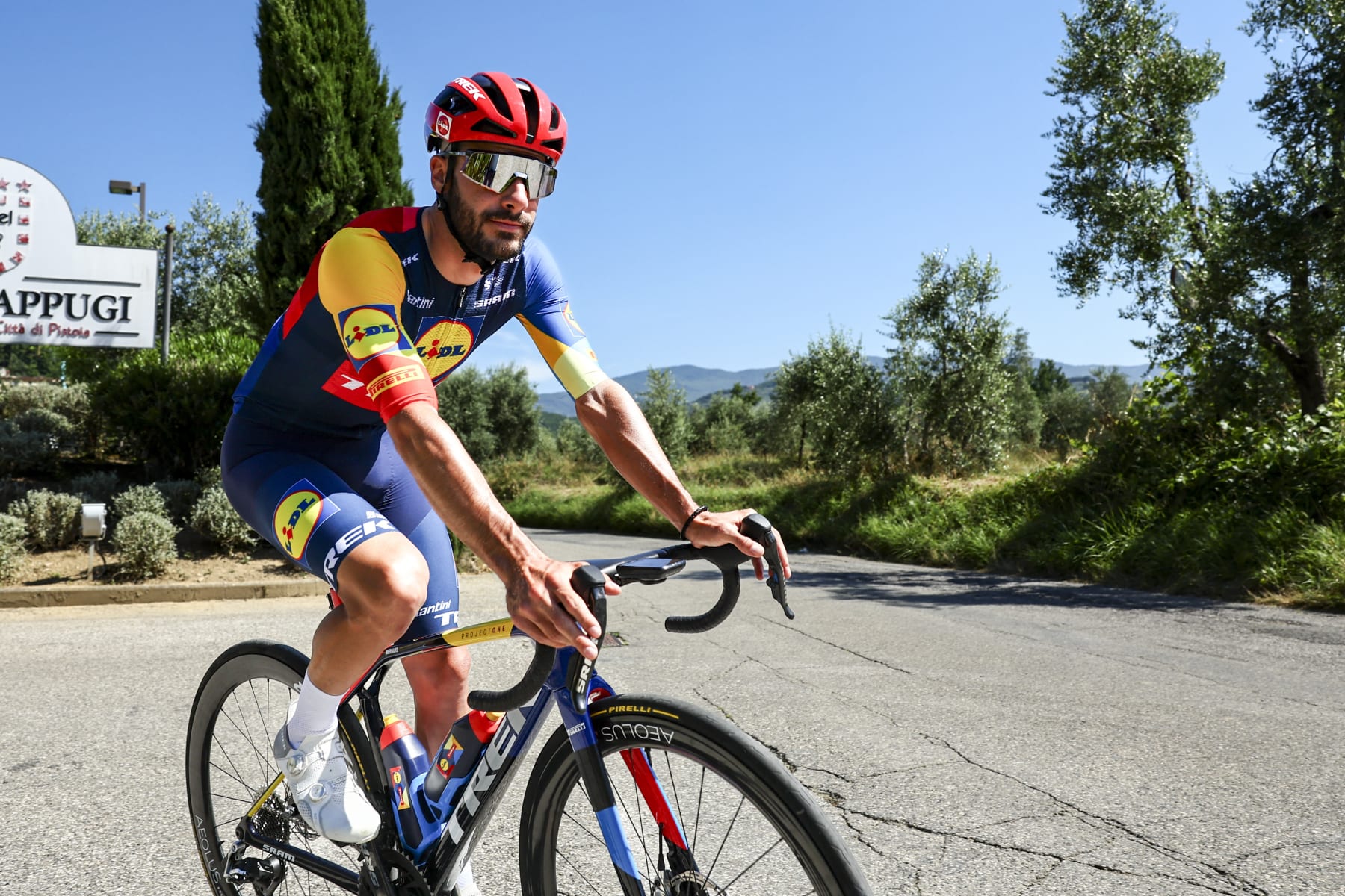 French Julien Bernard of Lidl-Trek pictured in action during preparations ahead of the 2024 Tour de France cycling race, Friday 28 June 2024, in Florence, Italy. The 111th edition of the Tour de France starts on Saturday 29 June in Florence, Italy, and will finish in Nice, France on 21 July. BELGA PHOTO DAVID PINTENS (Photo by DAVID PINTENS / BELGA MAG / Belga via AFP) (Photo by DAVID PINTENS/BELGA MAG/AFP via Getty Images)