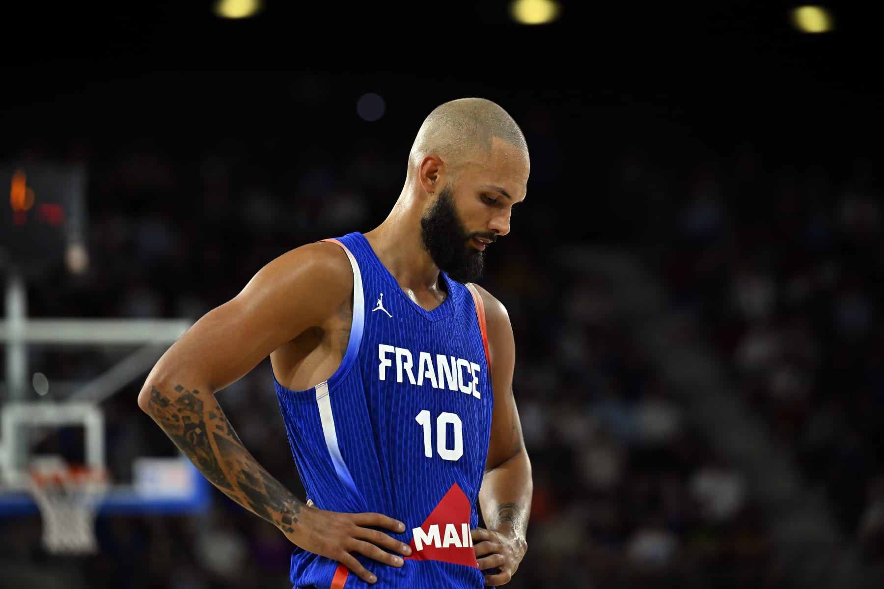 ROUEN, FRANCE - JULY 03: Evan Fournier of France looks on during the International friendly match between France and Turkiye on July 03, 2024 in Rouen France. (Photo by Aurelien Meunier/Getty Images)
