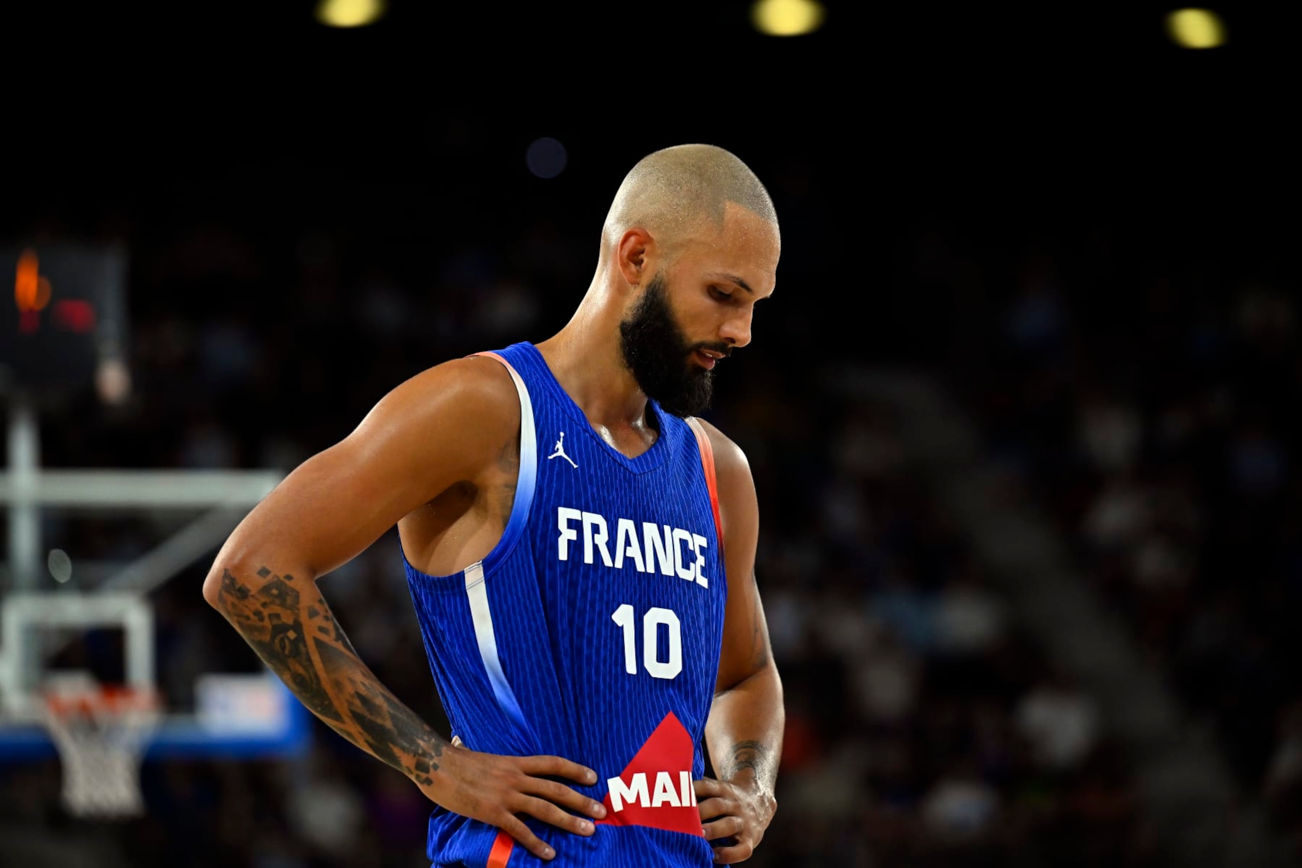 ROUEN, FRANCE - JULY 03: Evan Fournier of France looks on during the International friendly match between France and Turkiye on July 03, 2024 in Rouen France. (Photo by Aurelien Meunier/Getty Images) ROUEN, FRANCE - JULY 03: Evan Fournier of France looks on during the International friendly match between France and Turkiye on July 03, 2024 in Rouen France. (Photo by Aurelien Meunier/Getty Images)