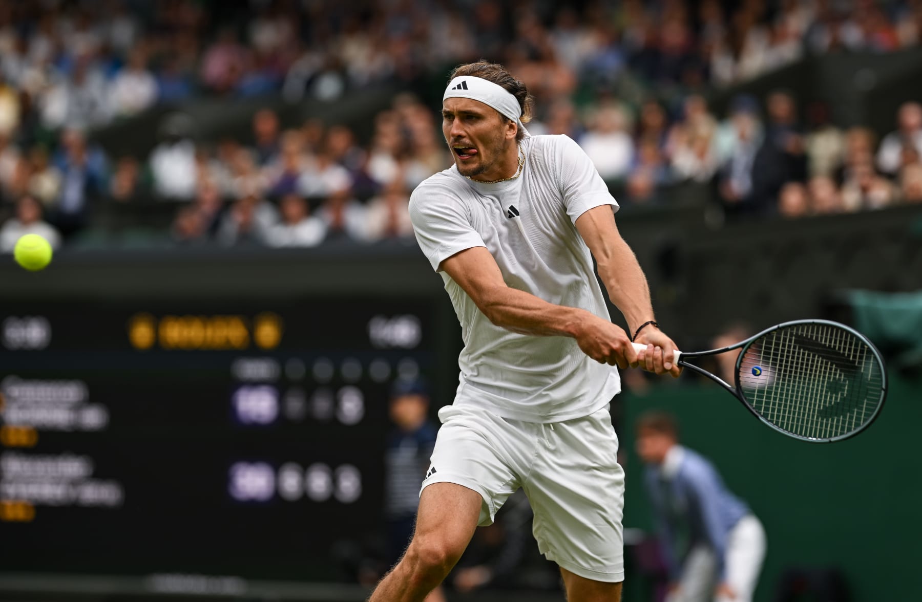 LONDON, ENGLAND - JULY 06: Alexander Zverev of Germany hits a backhand against Cameron Norrie of Great Britain in the Gentlemen's Singles third round match during day six of The Championships Wimbledon 2024 at All England Lawn Tennis and Croquet Club on July 06, 2024 in London, England. (Photo by Daniel Kopatsch/Getty Images)