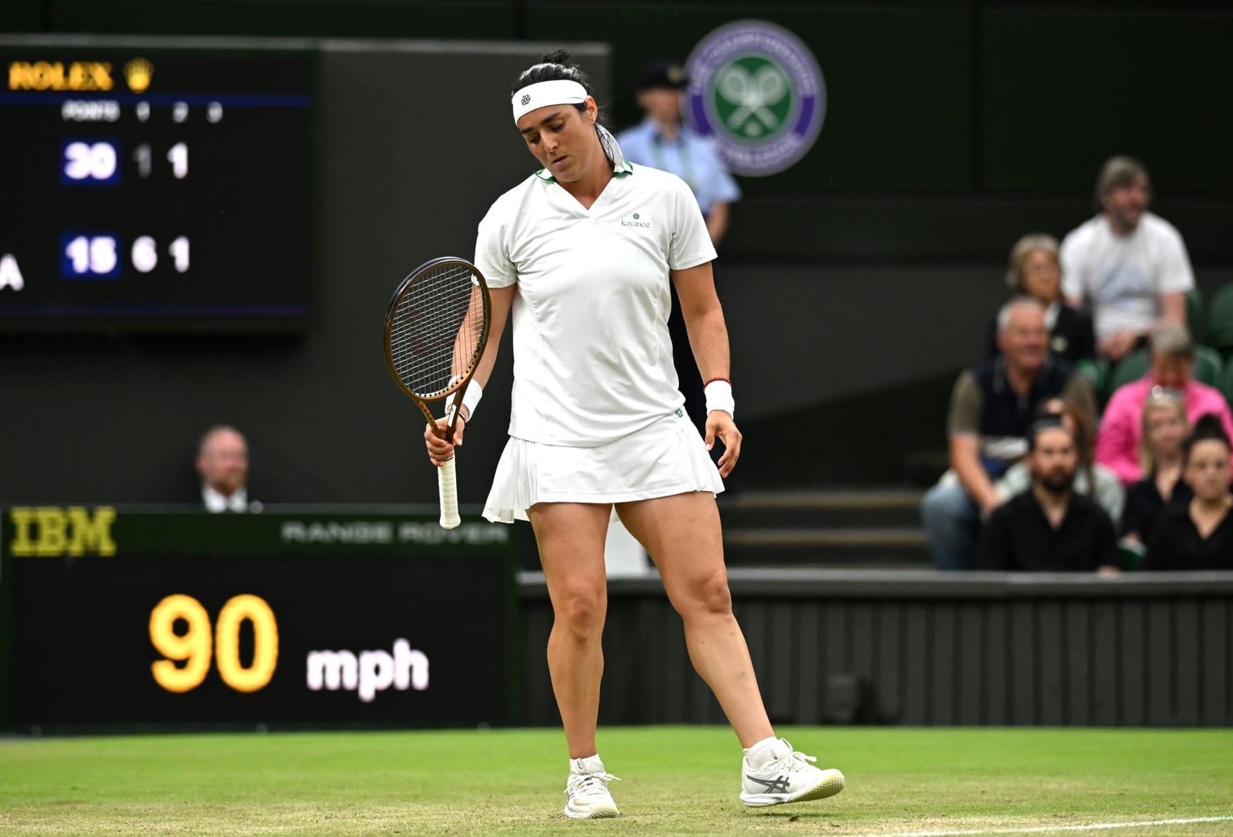 LONDON, ENGLAND - JULY 06: Ons Jabeur of Tunisia reacts as she plays against Elina Svitolina of Ukraine in her Ladies' Singles third round match during day six of The Championships Wimbledon 2024 at All England Lawn Tennis and Croquet Club on July 06, 2024 in London, England. (Photo by Mike Hewitt/Getty Images)