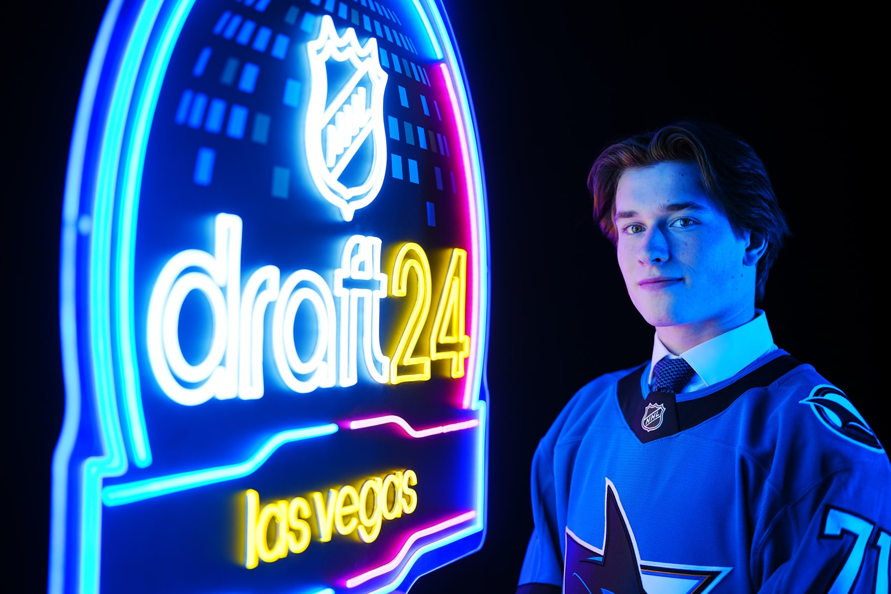 LAS VEGAS, NEVADA - JUNE 28: Macklin Celebrini poses for a portrait after being selected first overall by the San Jose Sharks during the 2024 Upper Deck NHL Draft at Sphere on June 28, 2024 in Las Vegas, Nevada. (Photo by Mark Blinch/NHLI via Getty Images)