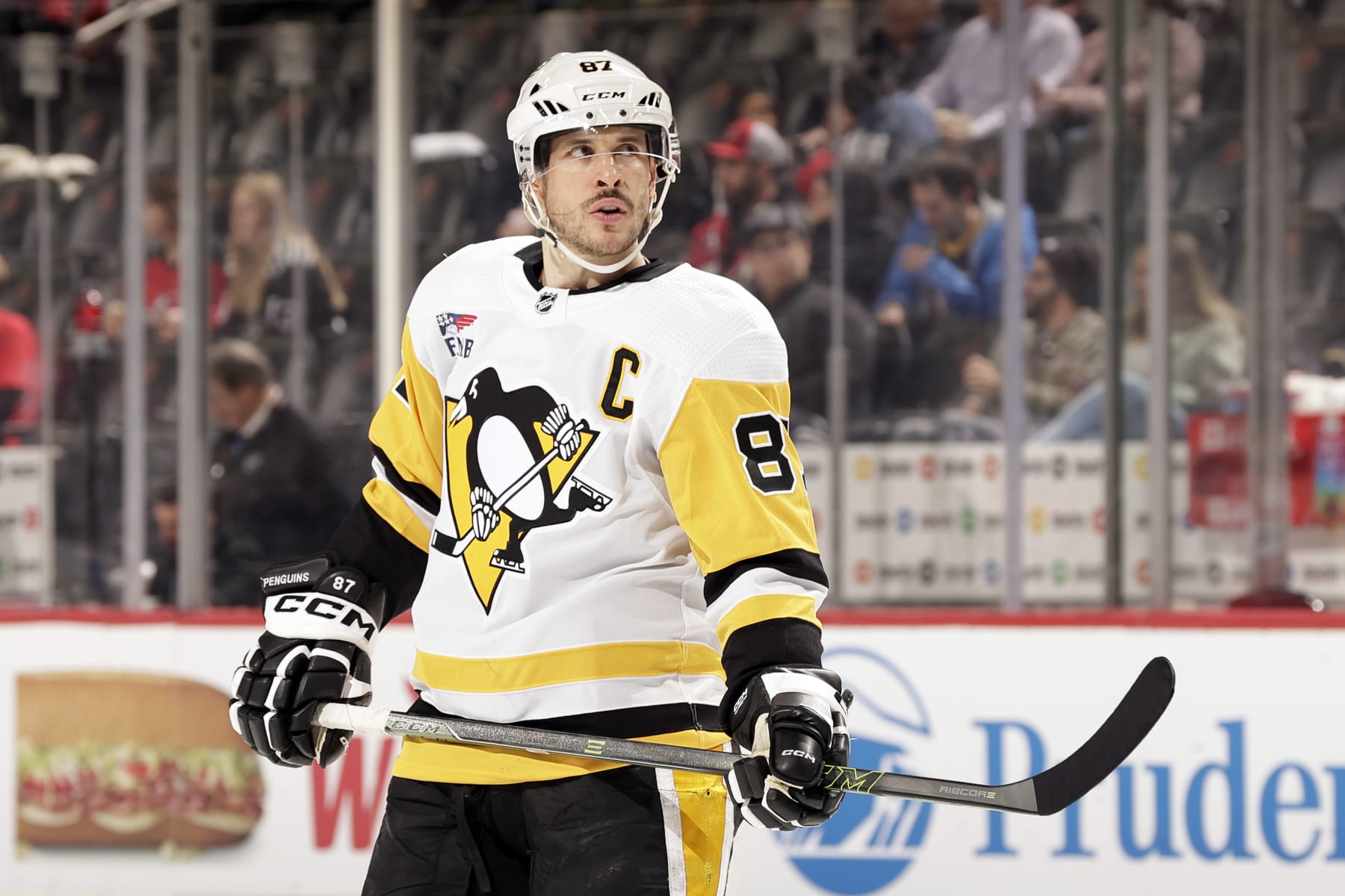 NEWARK, NJ - APRIL 2: Sidney Crosby #87 of the Pittsburgh Penguins reacts against the New Jersey Devils during the second period at the Prudential Center on April 2, 2024 in Newark, New Jersey. (Photo by Adam Hunger/Getty Images)