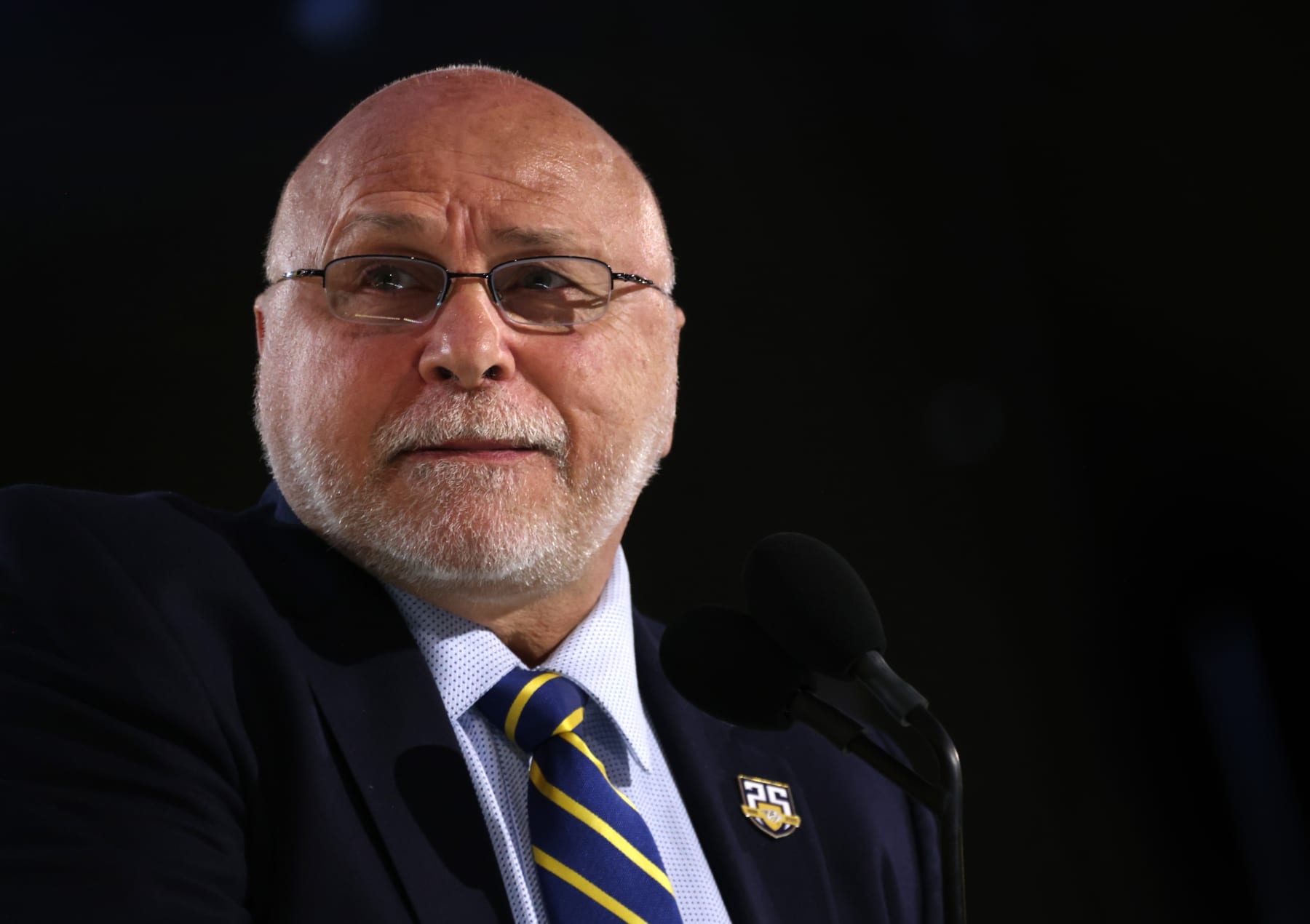 LAS VEGAS, NEVADA - JUNE 28: General manager Barry Trotz of the Nashville Predators looks on during the first round of the 2024 Upper Deck NHL Draft at Sphere on June 28, 2024 in Las Vegas, Nevada. (Photo by Dave Sandford/NHLI via Getty Images)