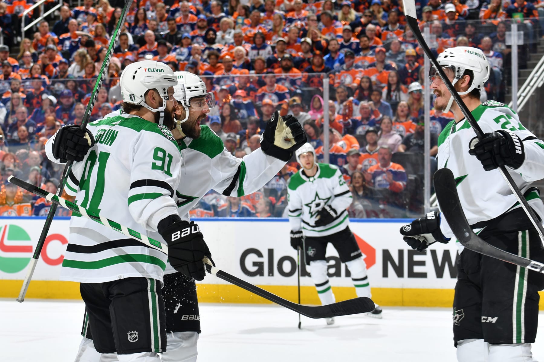 EDMONTON, CANADA - JUNE 02: Mason Marchment #27 of the Dallas Stars celebrates his third-period goal against the Edmonton Oilers with teammates Chris Tanev #3 and Tyler Seguin #91 in Game Six of the Western Conference Final of the 2024 Stanley Cup Playoffs at Rogers Place on June 2, 2024, in Edmonton, Alberta, Canada. (Photo by Andy Devlin/NHLI via Getty Images)