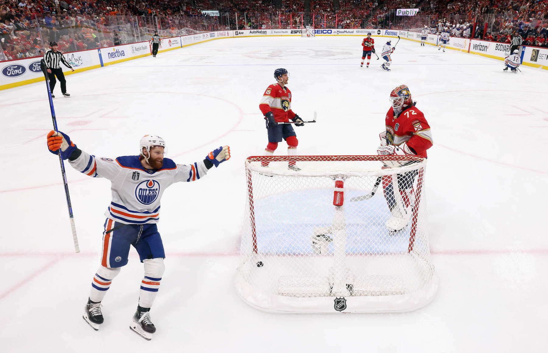 SUNRISE, FLORIDA - JUNE 24: Connor Brown #28 of the Edmonton Oilers celebrates a goal by Mattias Janmark #13 against Sergei Bobrovsky #72 of the Florida Panthers in Game Seven of the 2024 NHL Stanley Cup Final at Amerant Bank Arena on June 24, 2024 in Sunrise, Florida. (Photo by Bruce Bennett/Getty Images)