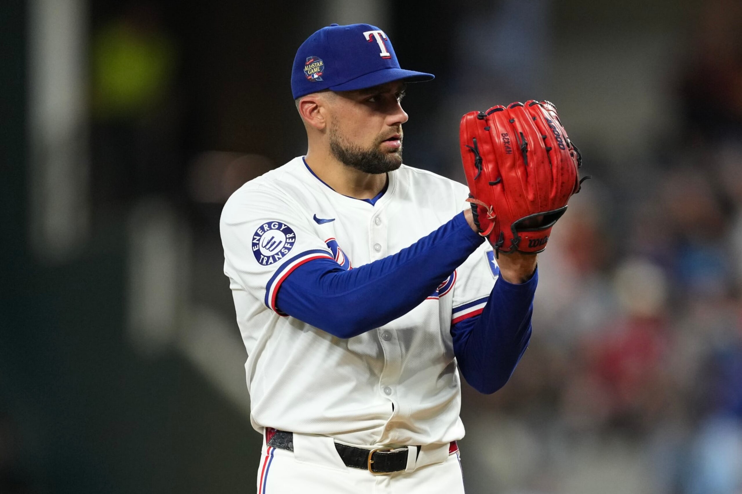 ARLINGTON, TEXAS - JULY 02: Nathan Eovaldi #17 of the Texas Rangers pitches during the first inning against the San Diego Padres at Globe Life Field on July 02, 2024 in Arlington, Texas. (Photo by Sam Hodde/Getty Images)