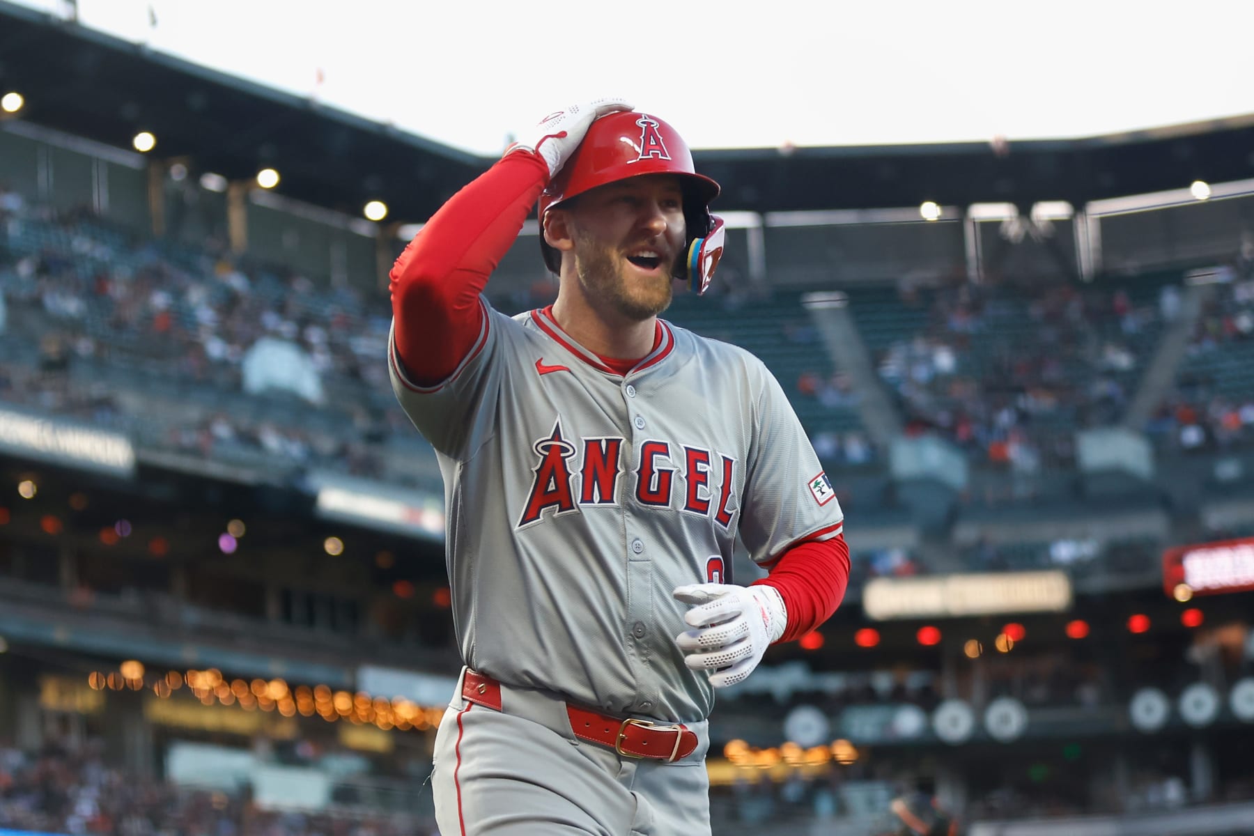 SAN FRANCISCO, CALIFORNIA - JUNE 14: Taylor Ward #3 of the Los Angeles Angels celebrates after scoring on a double by Kevin Pillar #12 in the top of the third inning against the San Francisco Giants at Oracle Park on June 14, 2024 in San Francisco, California. (Photo by Lachlan Cunningham/Getty Images)