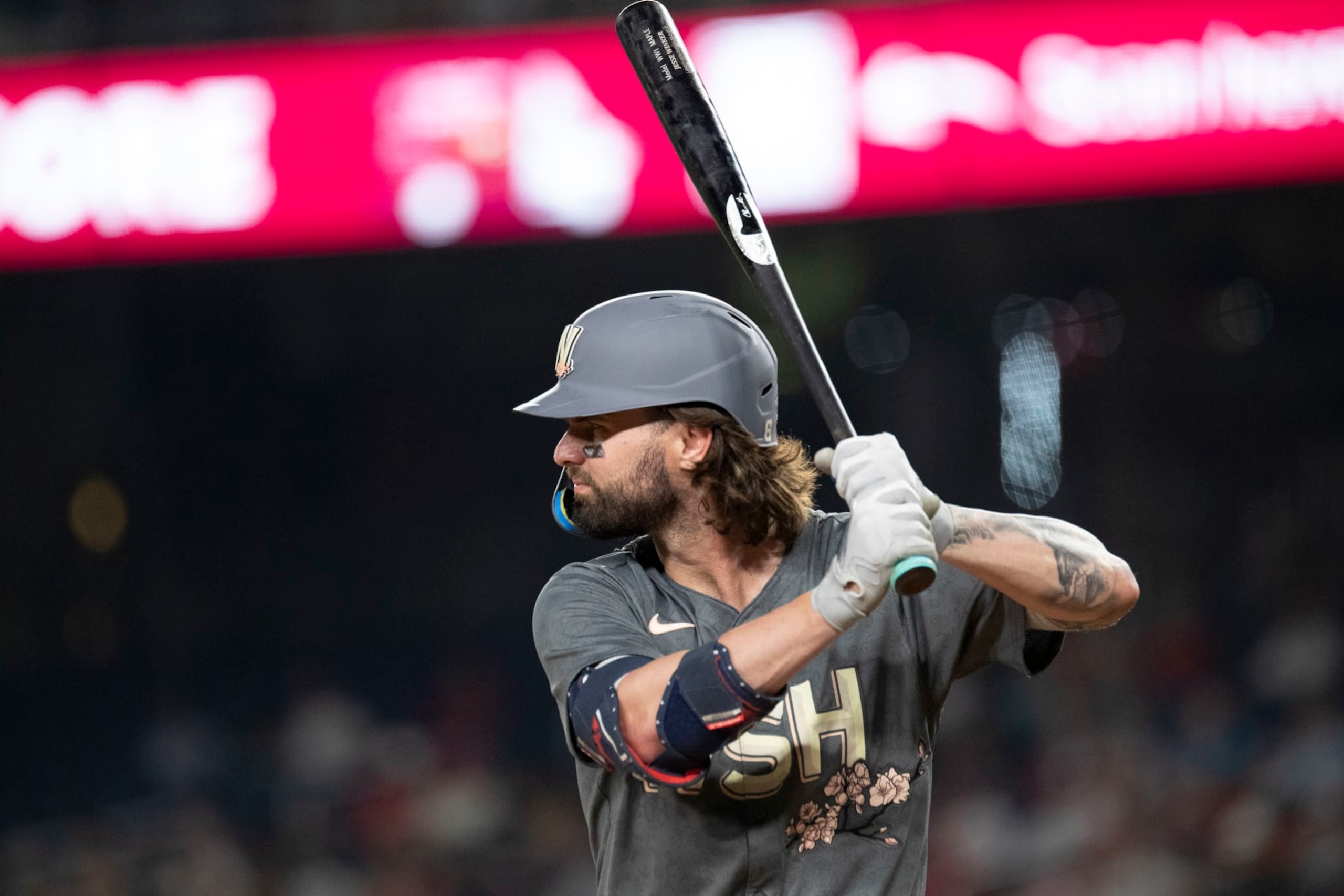WASHINGTON, DC - JULY 05: Washington Nationals outfielder Jesse Winker (6) stands in the batters box during the St. Louis Cardinals versus Washington Nationals MLB game at Nationals Park on July 5, 2024, in Washington, DC. (Photo by Charles Brock/Icon Sportswire via Getty Images)