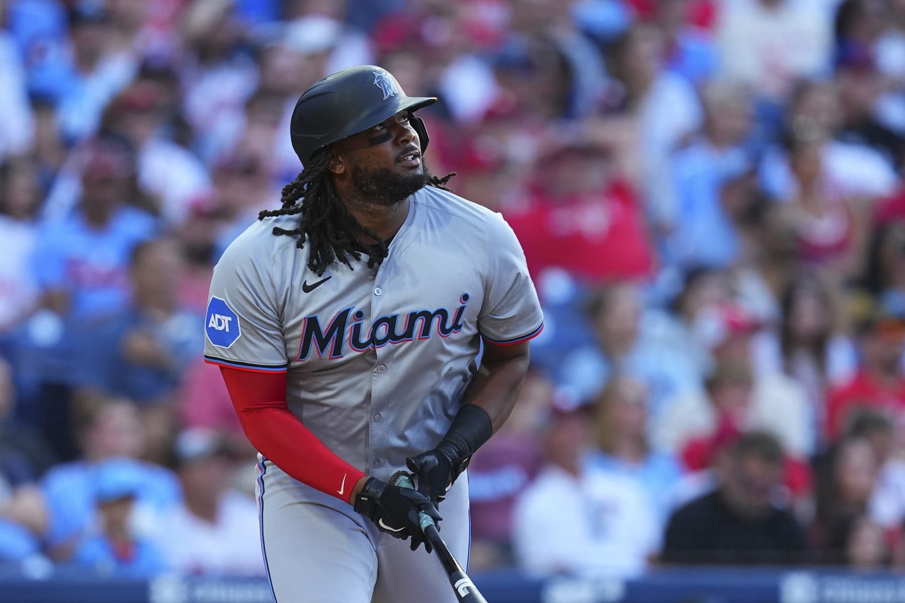 PHILADELPHIA, PENNSYLVANIA - JUNE 28: Josh Bell #9 of the Miami Marlins bats against the Philadelphia Phillies at Citizens Bank Park on June 28, 2024 in Philadelphia, Pennsylvania. The Phillies defeated the Marlins 2-0. (Photo by Mitchell Leff/Getty Images)