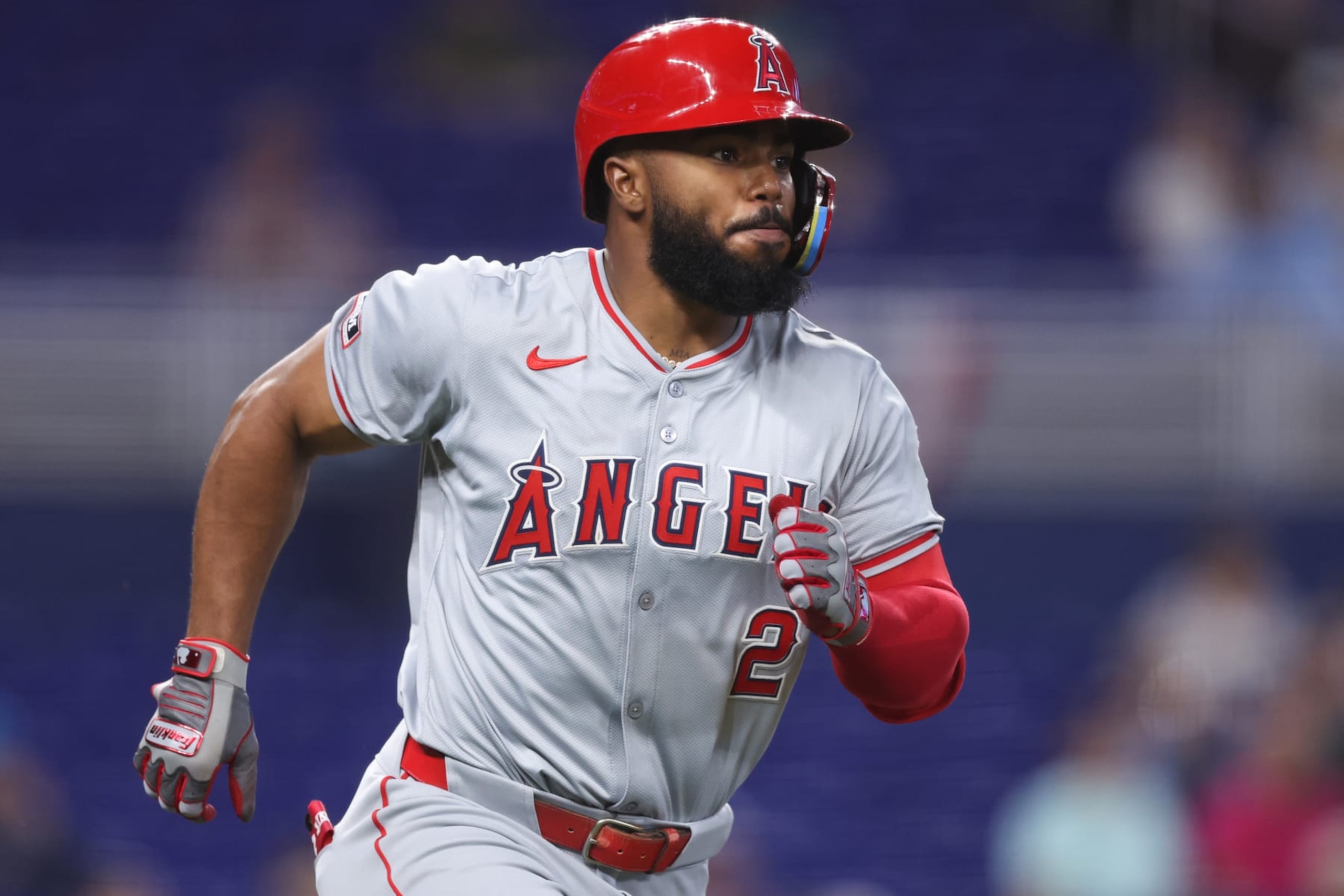 MIAMI, FLORIDA - APRIL 03: Luis Rengifo #2 of the Los Angeles Angels in action against the Miami Marlins during the first inning of the game at loanDepot park on April 03, 2024 in Miami, Florida. (Photo by Megan Briggs/Getty Images)