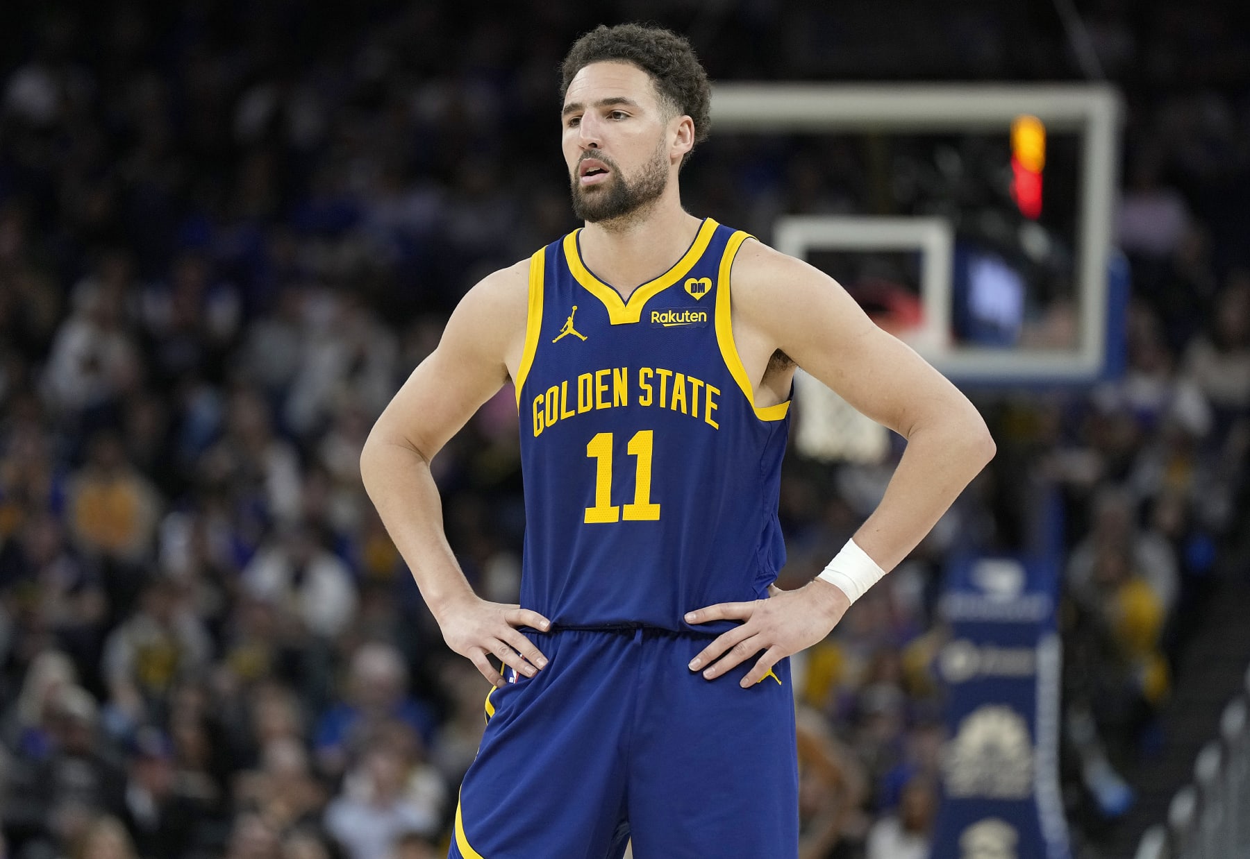 SAN FRANCISCO, CALIFORNIA - APRIL 07: Klay Thompson #11 of the Golden State Warriors looks on against the Utah Jazz during the second half of an NBA basketball game at Chase Center on April 07, 2024 in San Francisco, California. NOTE TO USER: User expressly acknowledges and agrees that, by downloading and or using this photograph, User is consenting to the terms and conditions of the Getty Images License Agreement. (Photo by Thearon W. Henderson/Getty Images)