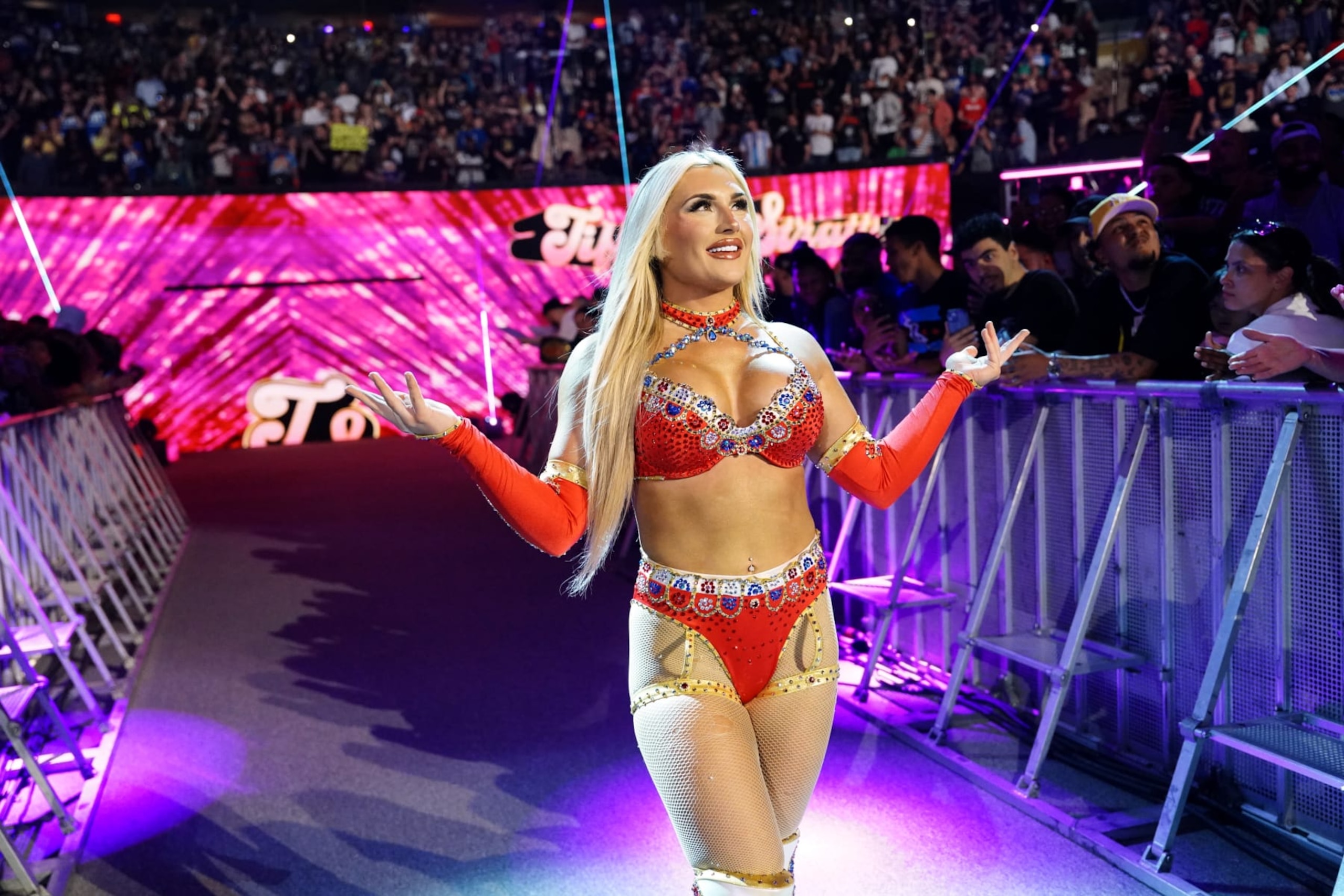 NEW YORK, NEW YORK - JUNE 28: Tiffany Stratton makes her entrance for her Money in the Bank qualifying triple threat match during WWE SmackDown at Madison Square Garden on June 28, 2024 in New York City. (Photo by WWE/Getty Images) NEW YORK, NEW YORK - JUNE 28: Tiffany Stratton makes her entrance for her Money in the Bank qualifying triple threat match during WWE SmackDown at Madison Square Garden on June 28, 2024 in New York City. (Photo by WWE/Getty Images)