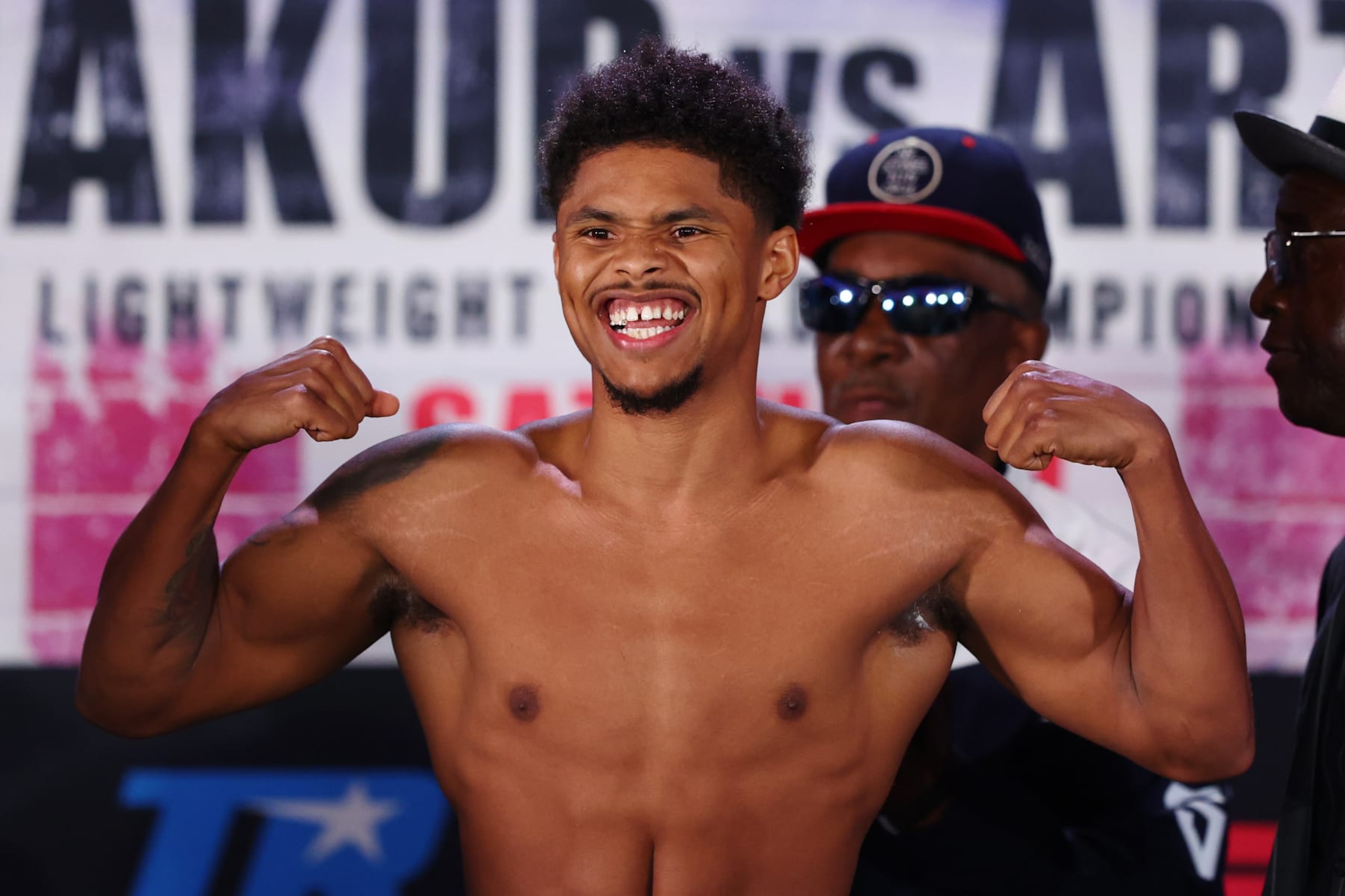 NEWARK, NEW JERSEY - JULY 05: Shakur Stevenson poses on the scale during a weigh-in ahead of his WBC Lightweight World Title fight against Artem Harutyunyan of Germany (not pictured) at Prudential Center on July 05, 2024 in Newark, New Jersey. (Photo by Sarah Stier/Getty Images) NEWARK, NEW JERSEY - JULY 05: Shakur Stevenson poses on the scale during a weigh-in ahead of his WBC Lightweight World Title fight against Artem Harutyunyan of Germany (not pictured) at Prudential Center on July 05, 2024 in Newark, New Jersey. (Photo by Sarah Stier/Getty Images)