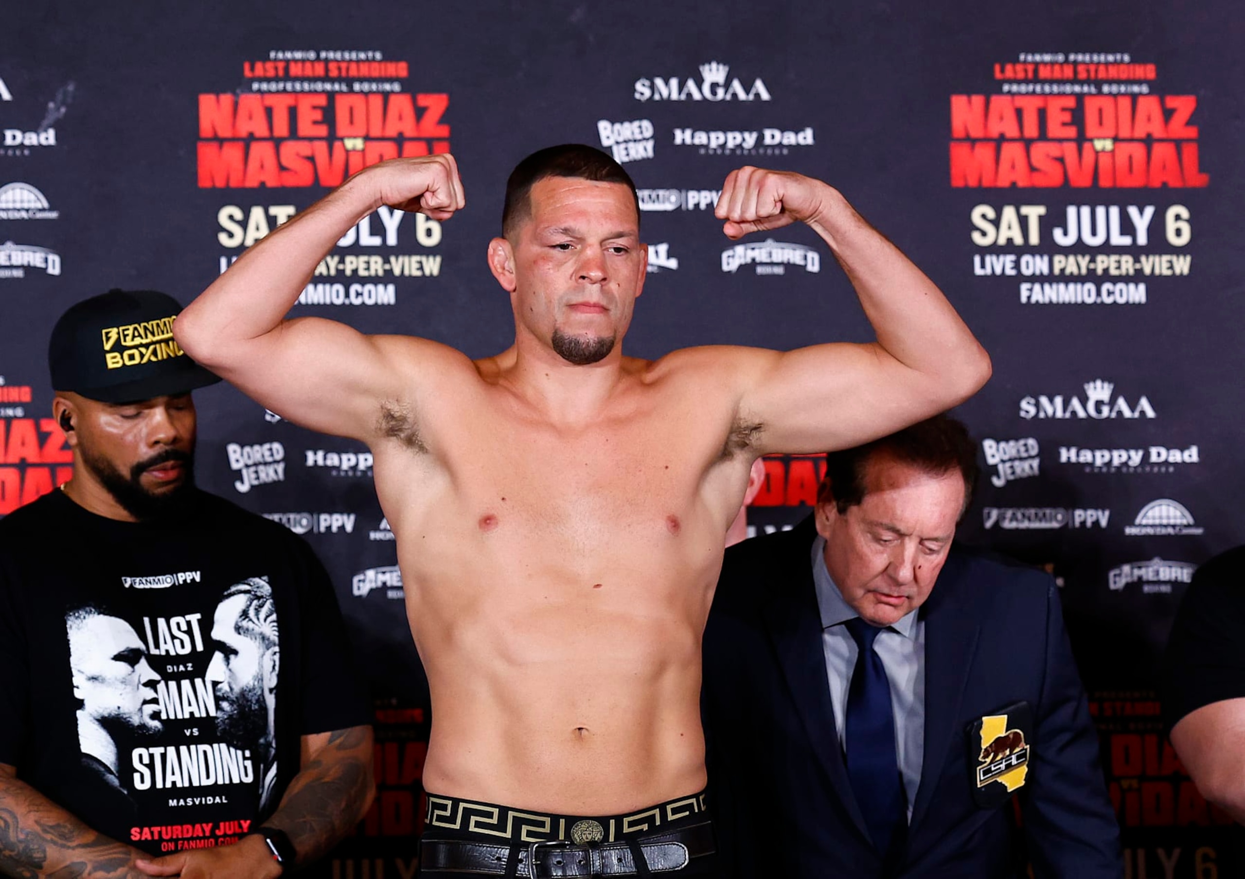 ANAHEIM, CALIFORNIA - JULY 05:  Nate Diaz during weigh-in ahead of Last Man Standing Nate Diaz v Jorge Masvidal at the JW Marriott Anaheim on July 05, 2024 in Anaheim, California.  (Photo by Ronald Martinez/Getty Images)