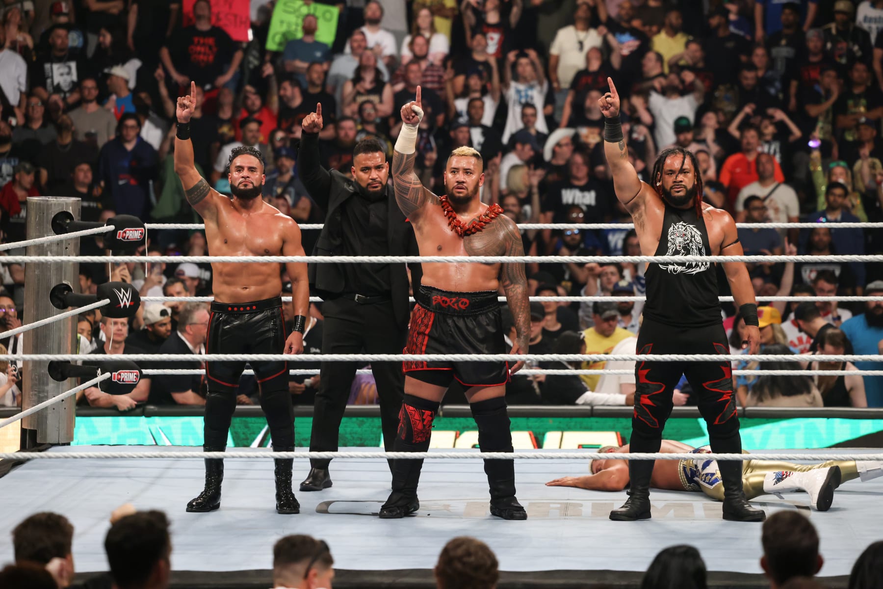 TORONTO, CANADA - JULY 6: The Bloodline celebrate their win during Money in the Bank at Scotiabank Arena on July 6, 2024 in Toronto, Ontario. (Photo by WWE/Getty Images)