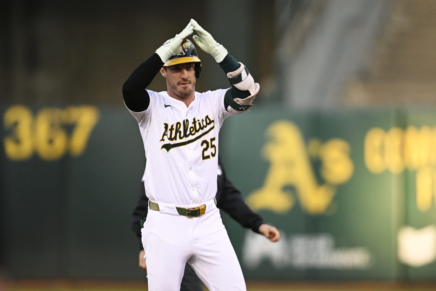 OAKLAND, CALIFORNIA - JUNE 18: Brent Rooker #25 of the Oakland Athletics celebrates his double against the Kansas City Royals in the fourth inning at Oakland Coliseum on June 18, 2024 in Oakland, California. (Photo by Eakin Howard/Getty Images)