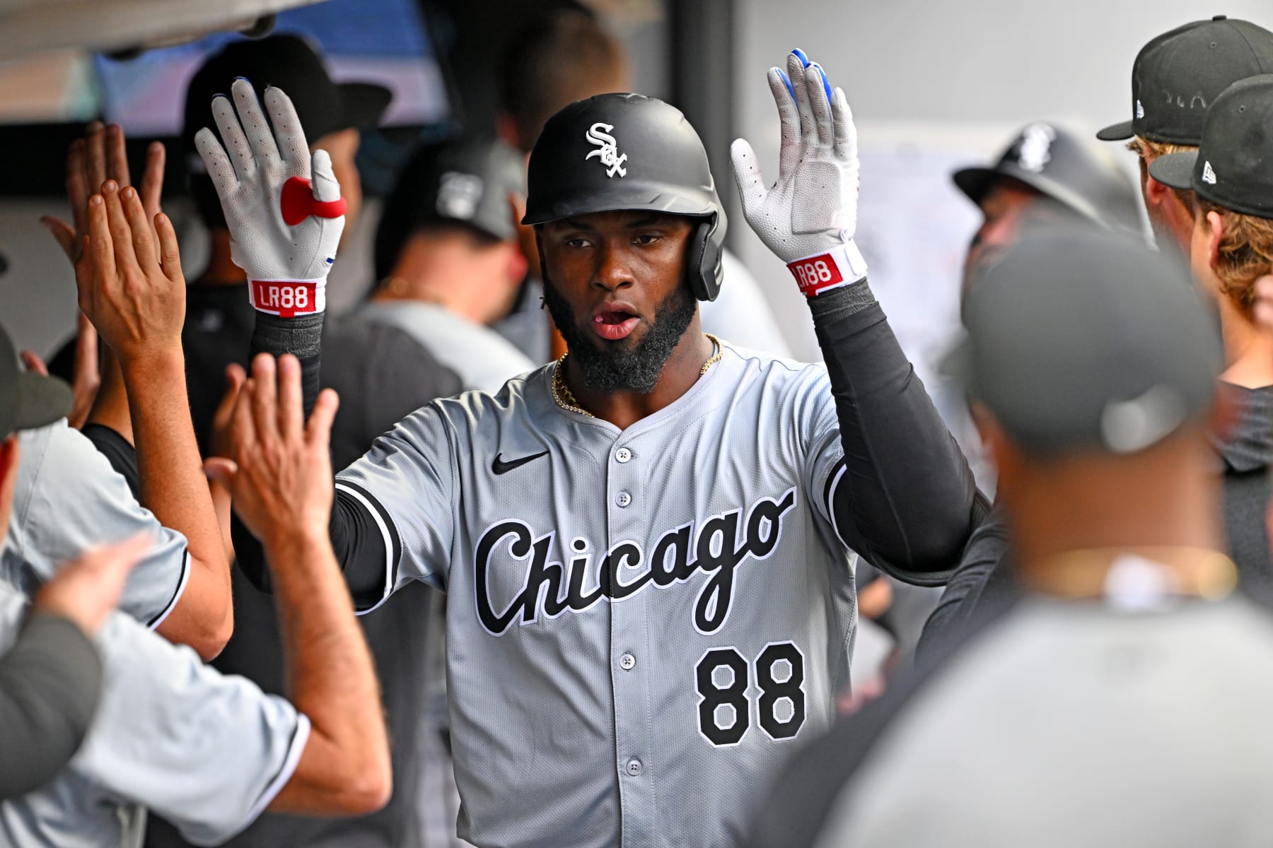 CLEVELAND, OHIO - JULY 02: Luis Robert Jr. #88 of the Chicago White Sox celebrates after hitting a two-run homer during the fifth inning against the Cleveland Guardians at Progressive Field on July 02, 2024 in Cleveland, Ohio. (Photo by Jason Miller/Getty Images)
