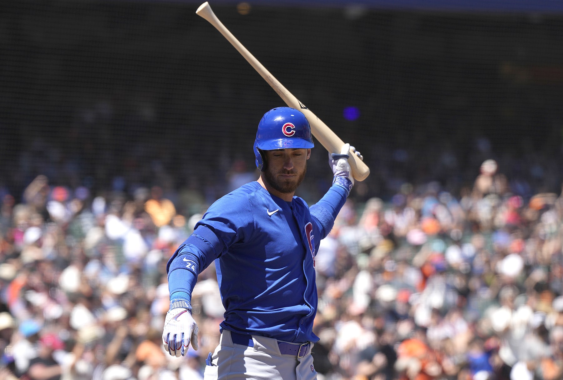 SAN FRANCISCO, CALIFORNIA - JUNE 27: Cody Bellinger #24 of the Chicago Cubs react to throw his bat after he strikes out swinging against the San Francisco Giants in the top of the seventh inning at Oracle Park on June 27, 2024 in San Francisco, California. (Photo by Thearon W. Henderson/Getty Images)