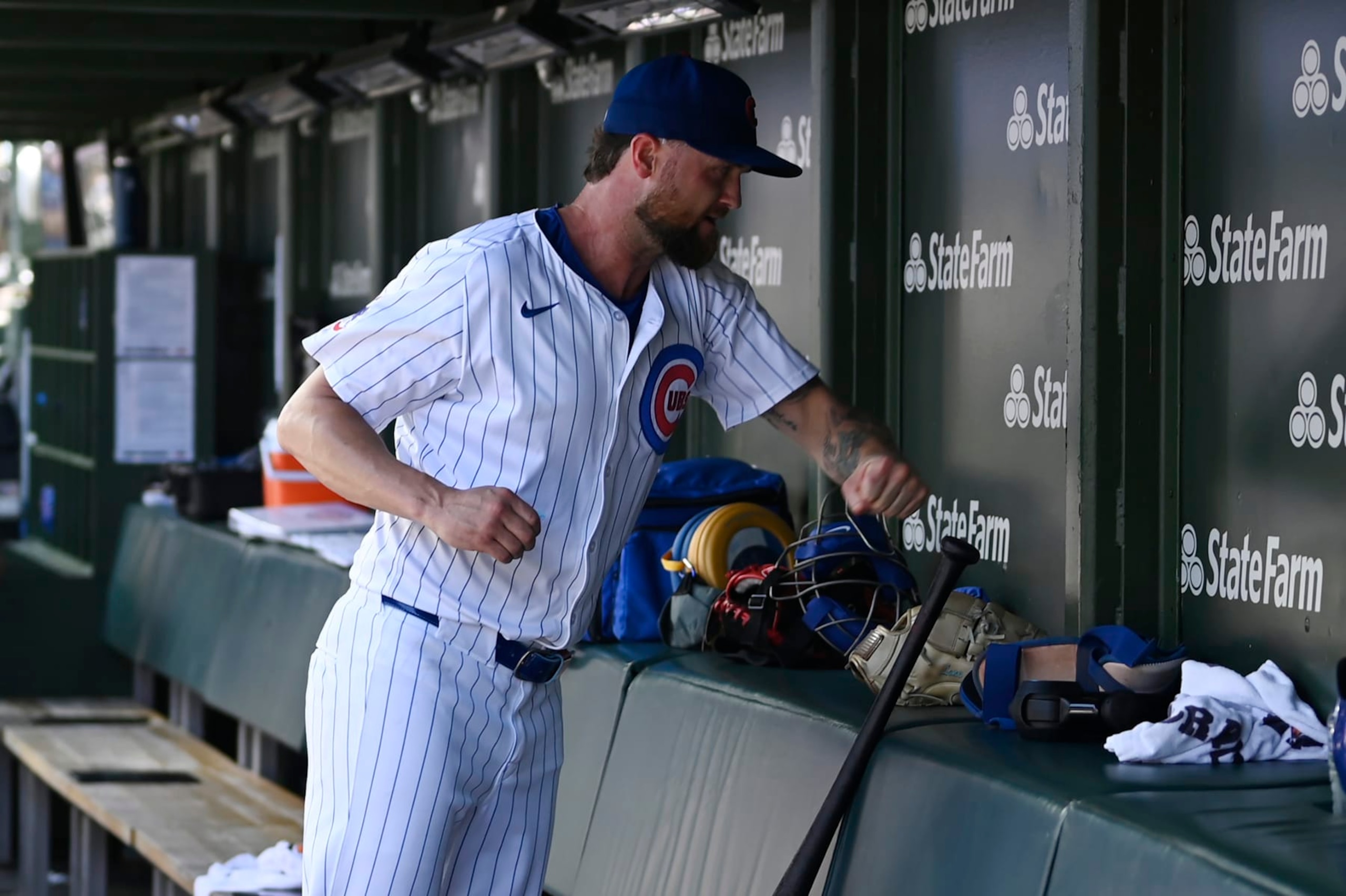 CHICAGO, ILLINOIS - JULY 06: Colten Brewer #54 of the Chicago Cubs punches the dugout wall after being relieved in the third inning against the Los Angeles Angels at Wrigley Field on July 06, 2024 in Chicago, Illinois. (Photo by Quinn Harris/Getty Images)