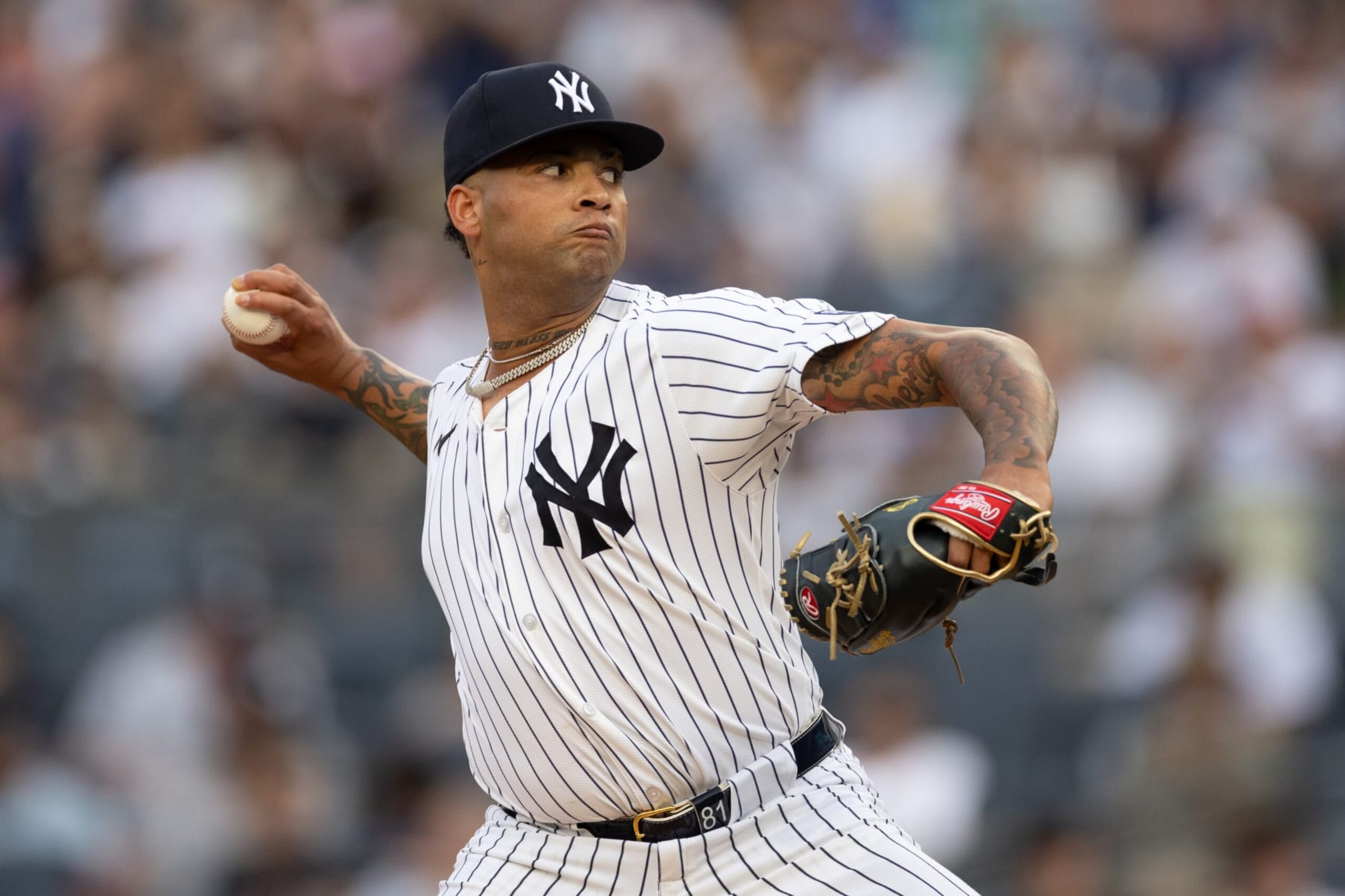 BRONX, NY - JULY 02:  Luis Gil #81 of the New York Yankees pitches during the game against the Cincinnati Reds on July 2, 2024 at Yankee Stadium in Bronx, New York.  (Photo by Rich Graessle/Icon Sportswire via Getty Images)