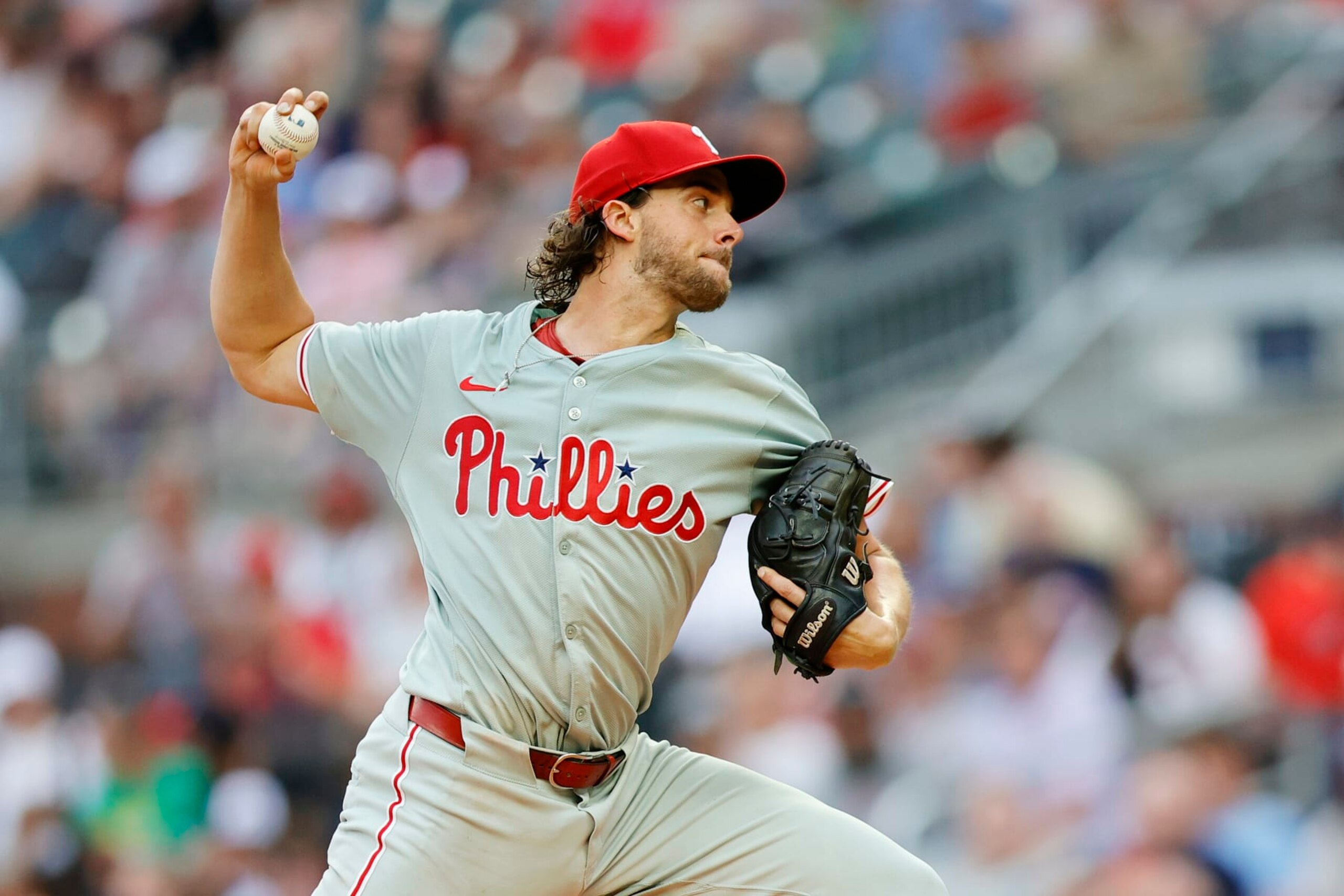 ATLANTA, GEORGIA - JULY 05: Aaron Nola #27 of the Philadelphia Phillies pitches against the Atlanta Braves during the second inning at Truist Park on July 05, 2024 in Atlanta, Georgia. (Photo by Alex Slitz/Getty Images)