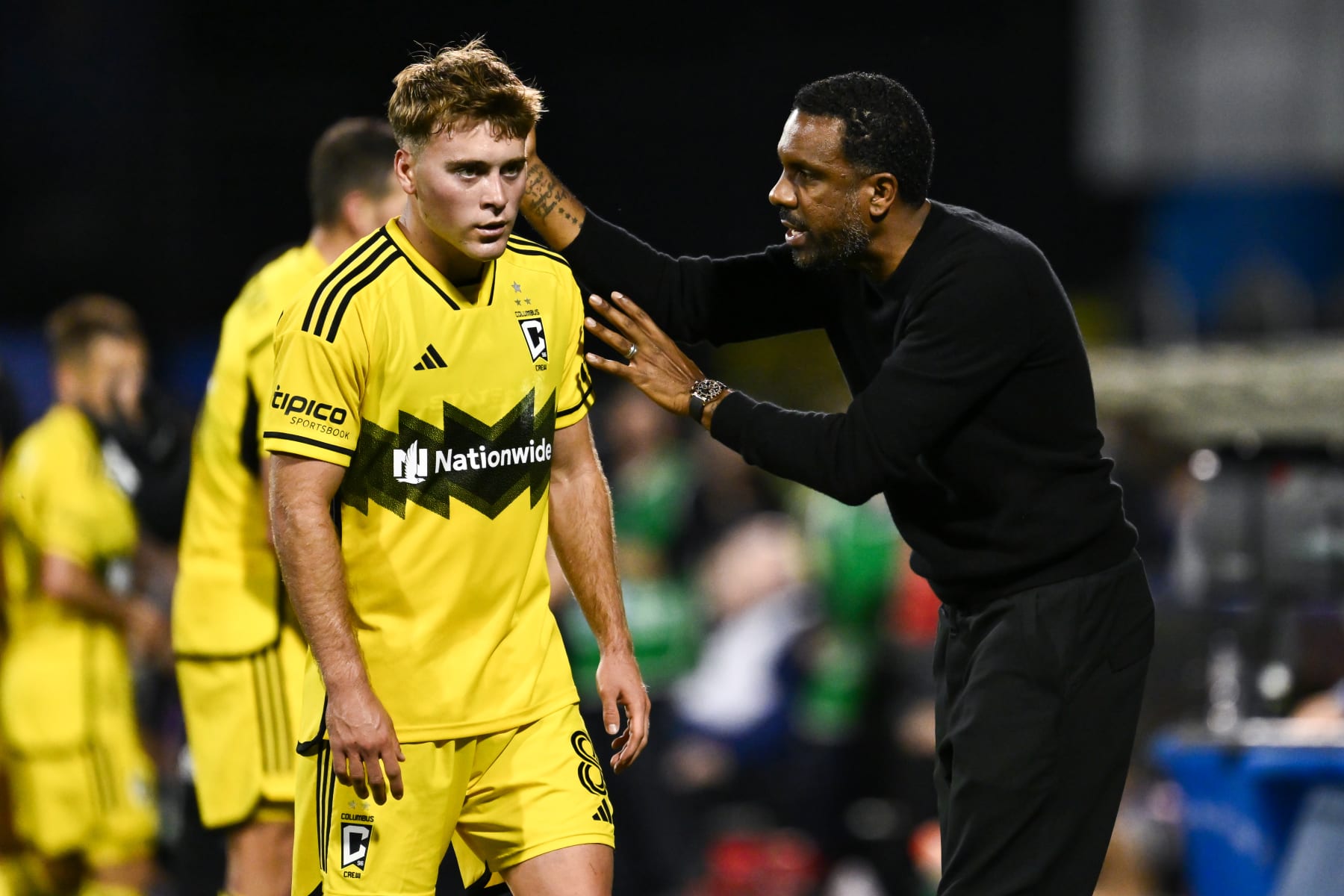 MONTREAL, CANADA - MAY 15: Head coach of Columbus Crew, Wilfried Nancy speaks with Aidan Morris #8 during the second half against CF Montréal at Saputo Stadium on May 15, 2024 in Montreal, Quebec, Canada. Columbus Crew defeated CF Montréal 3-1. (Photo by Minas Panagiotakis/Getty Images)
