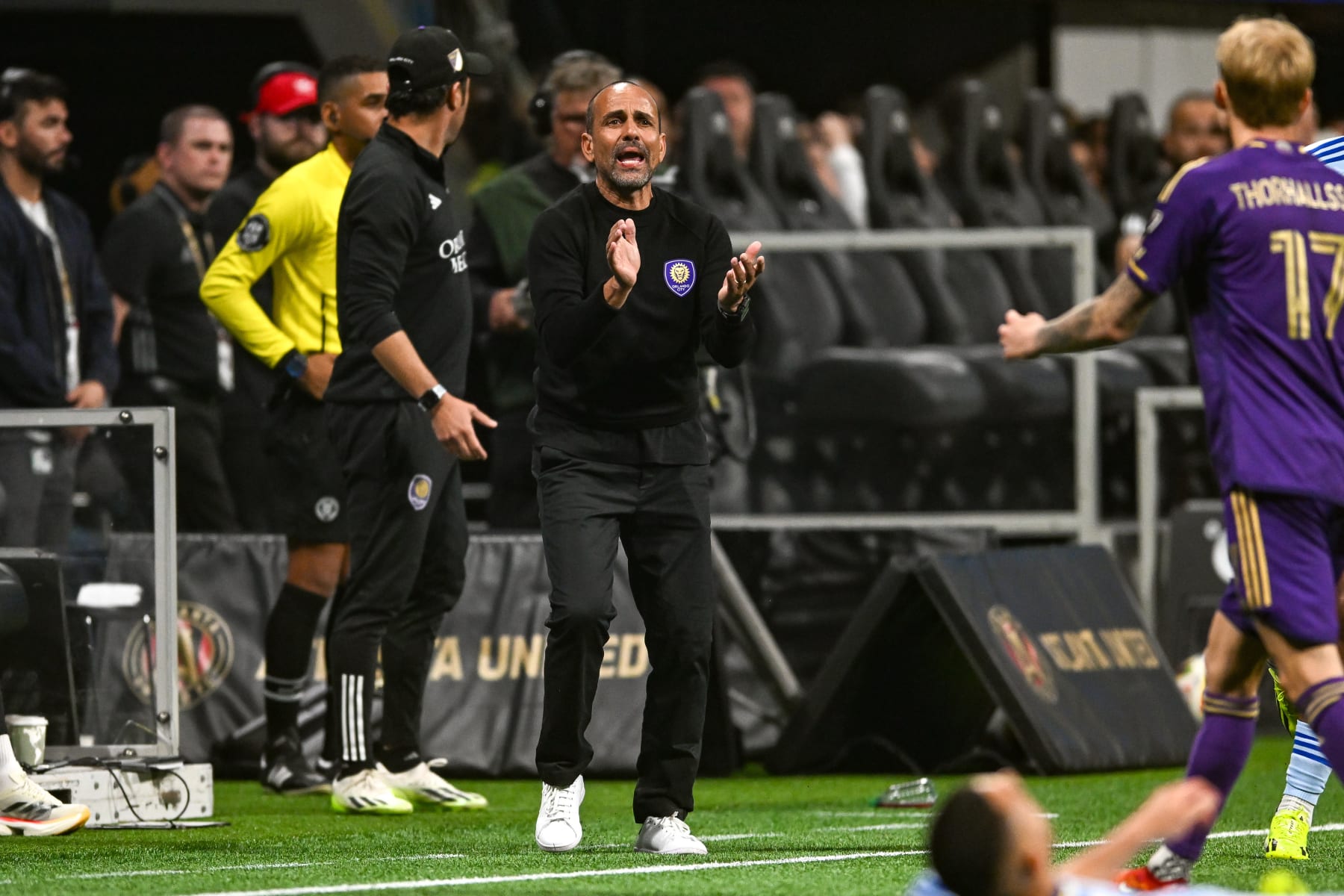 ATLANTA, GA MARCH 17: Orlando head coach Oscar Pareja reacts during the MLS match between Orlando City SC and Atlanta United FC on March 17th, 2024 at Mercedes-Benz Stadium in Atlanta, GA. (Photo by Rich von Biberstein/Icon Sportswire via Getty Images)
